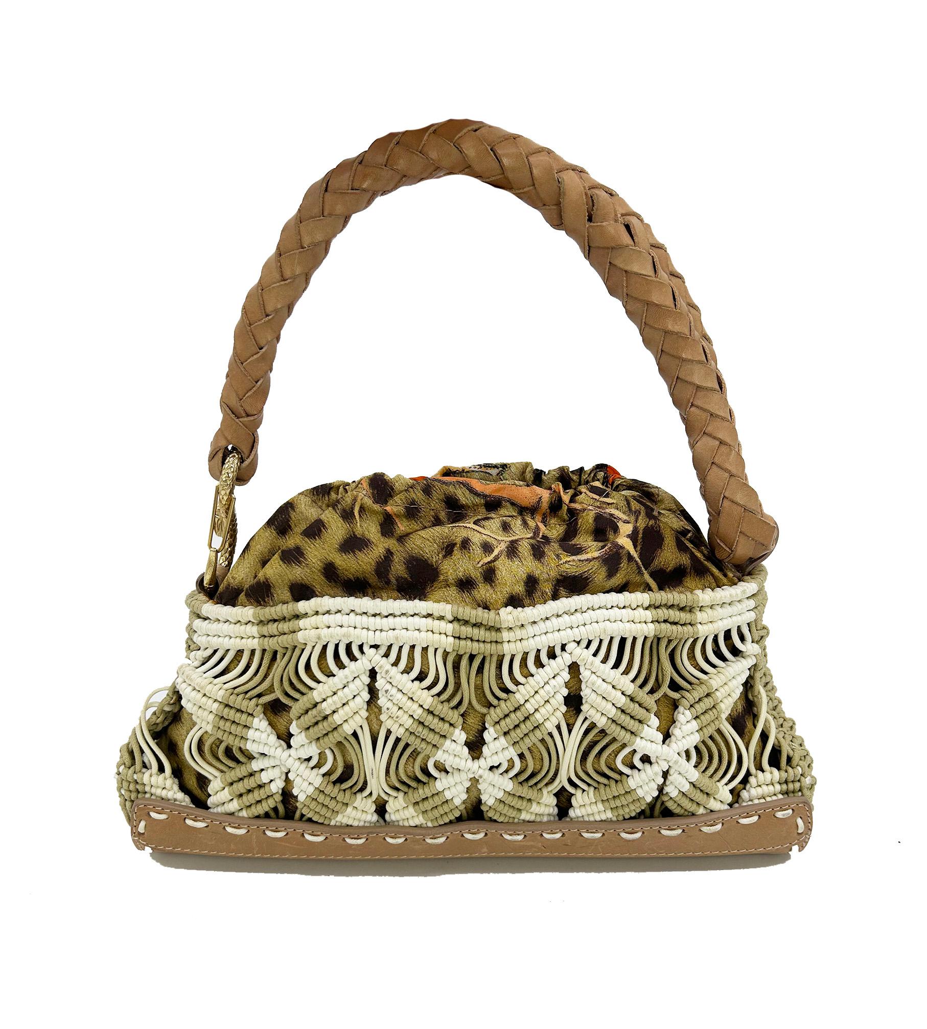 Brown Vintage Roberto Cavalli Macrame Silk Drawstring Baguette For Sale