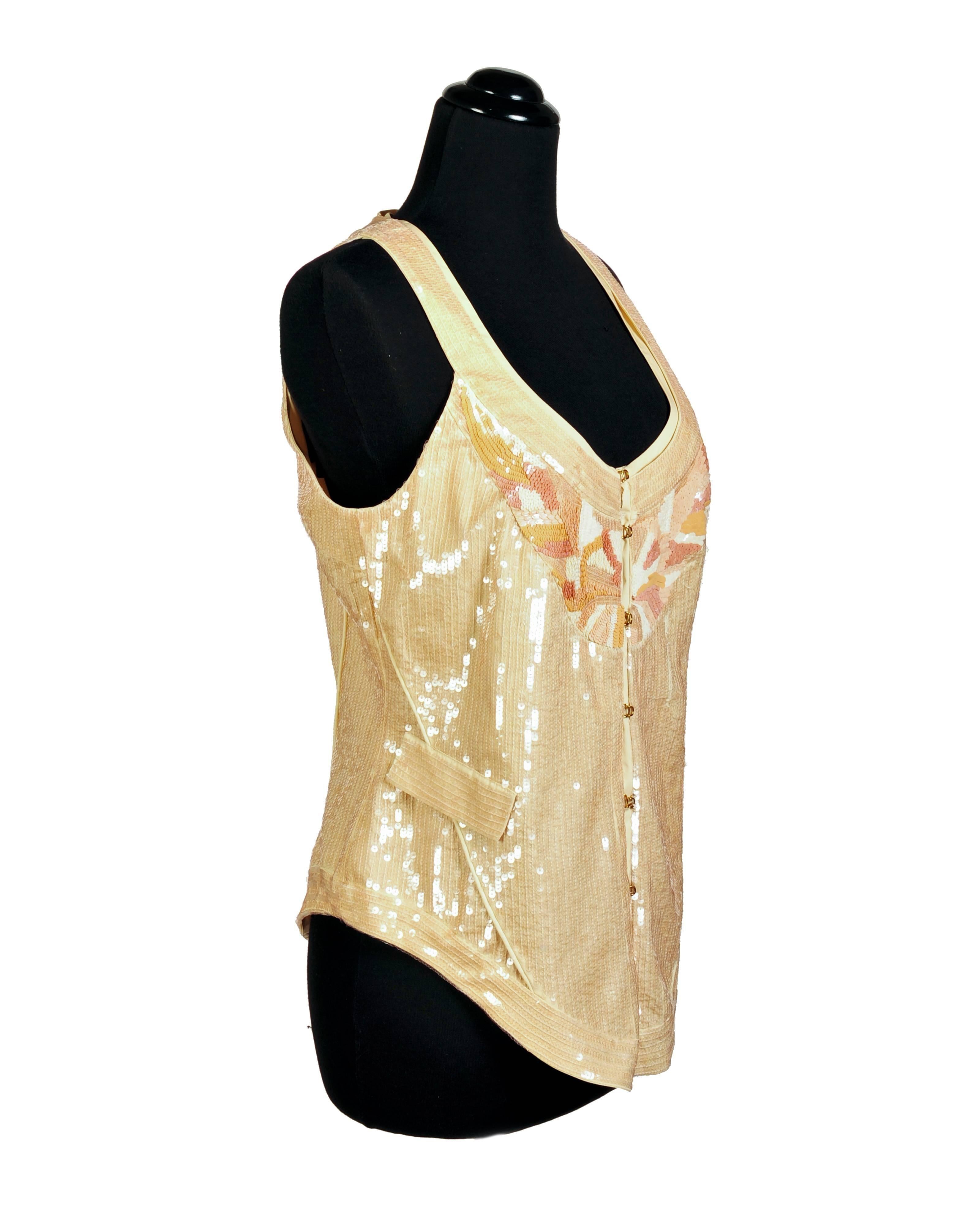 Vintage Roberto Cavalli Nude Sequin Embellished Vest
Italian Size 42 - US 6
Color: Nude, Corset style.
Made in Italy. 
New with tag.