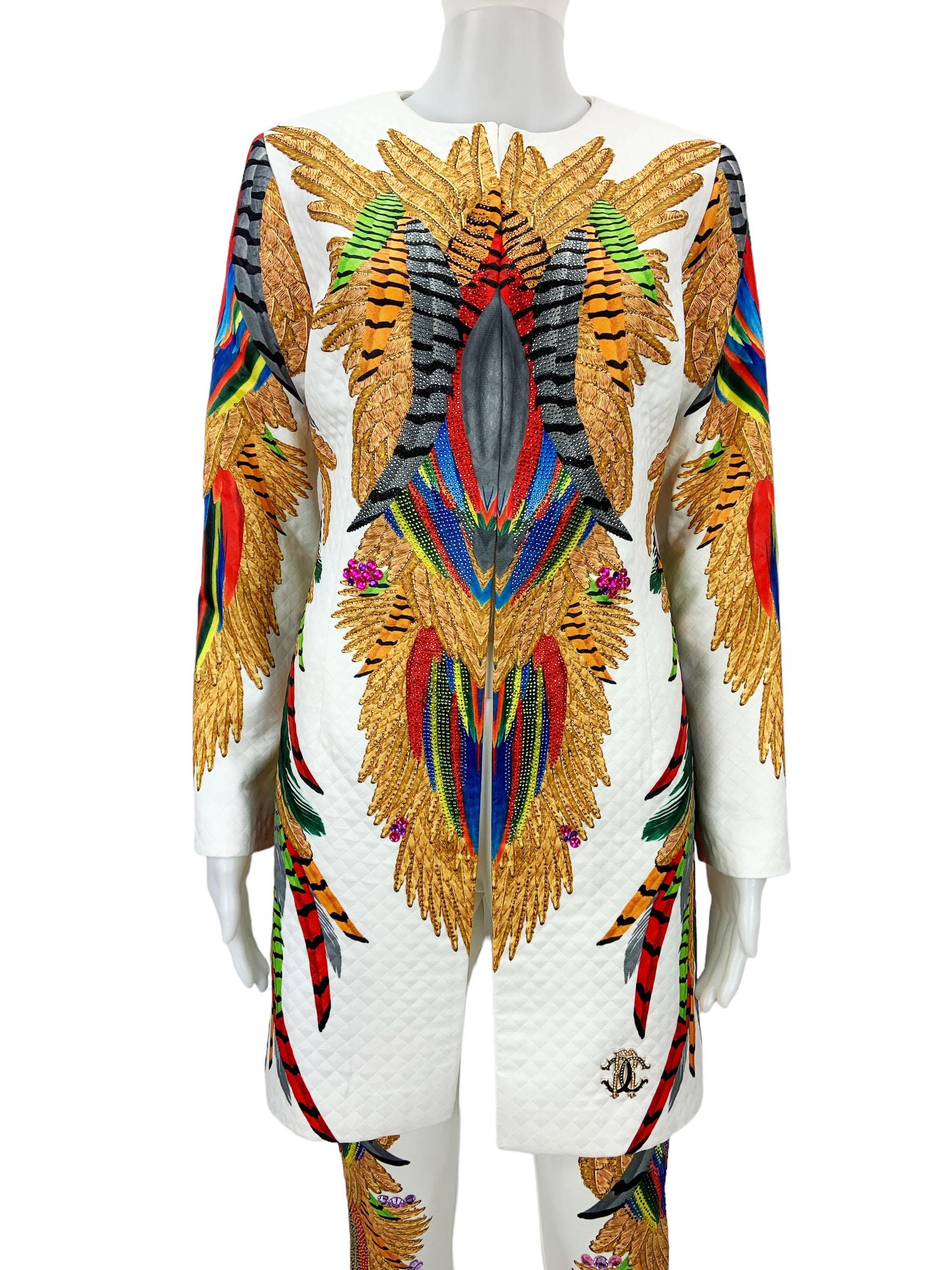 Beige Costume pantalon vintage Roberto Cavalli matelassé orné de plumes et de cristaux  40 en vente