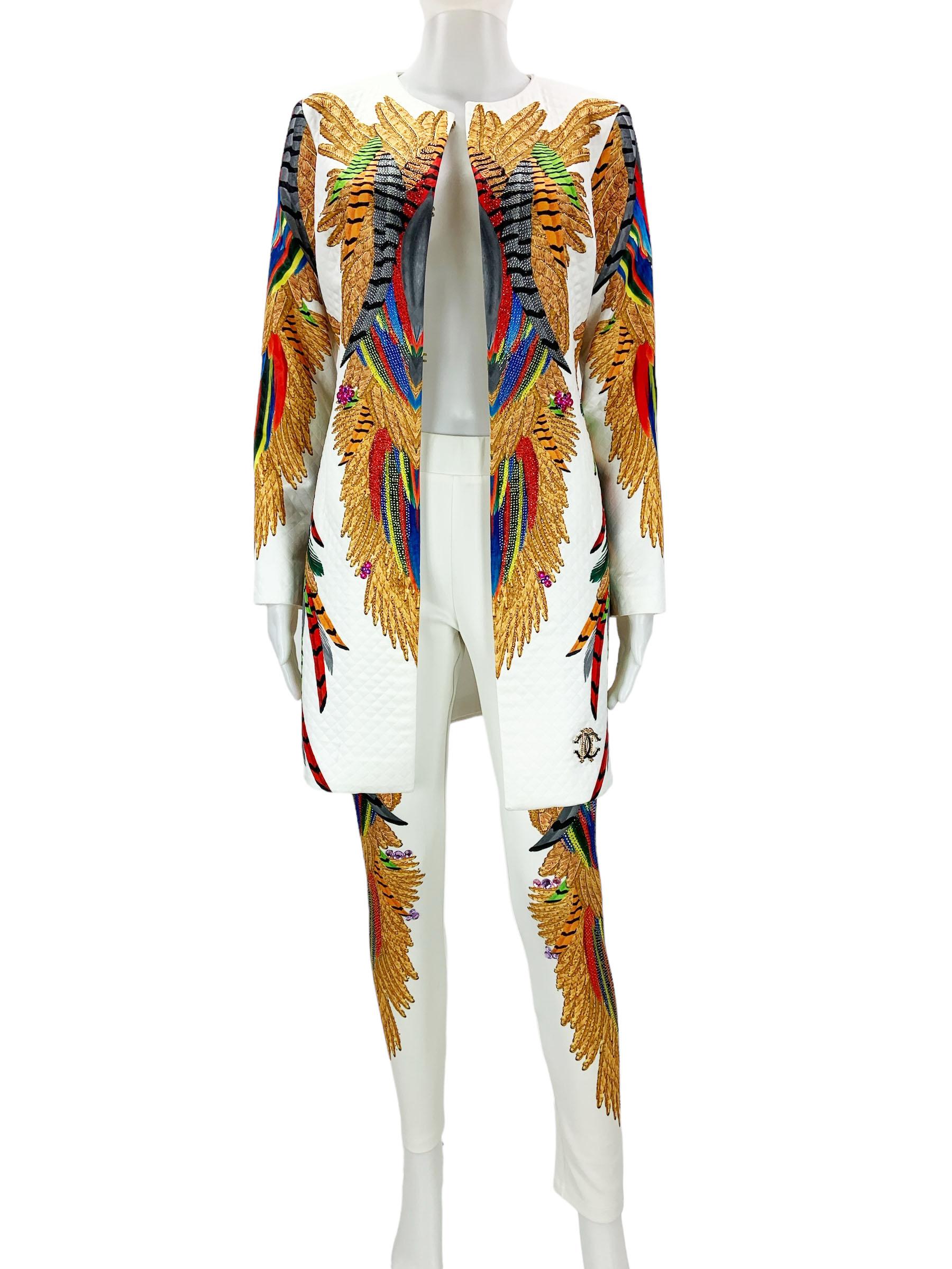 Costume pantalon vintage Roberto Cavalli matelassé orné de plumes et de cristaux  40 en vente 2
