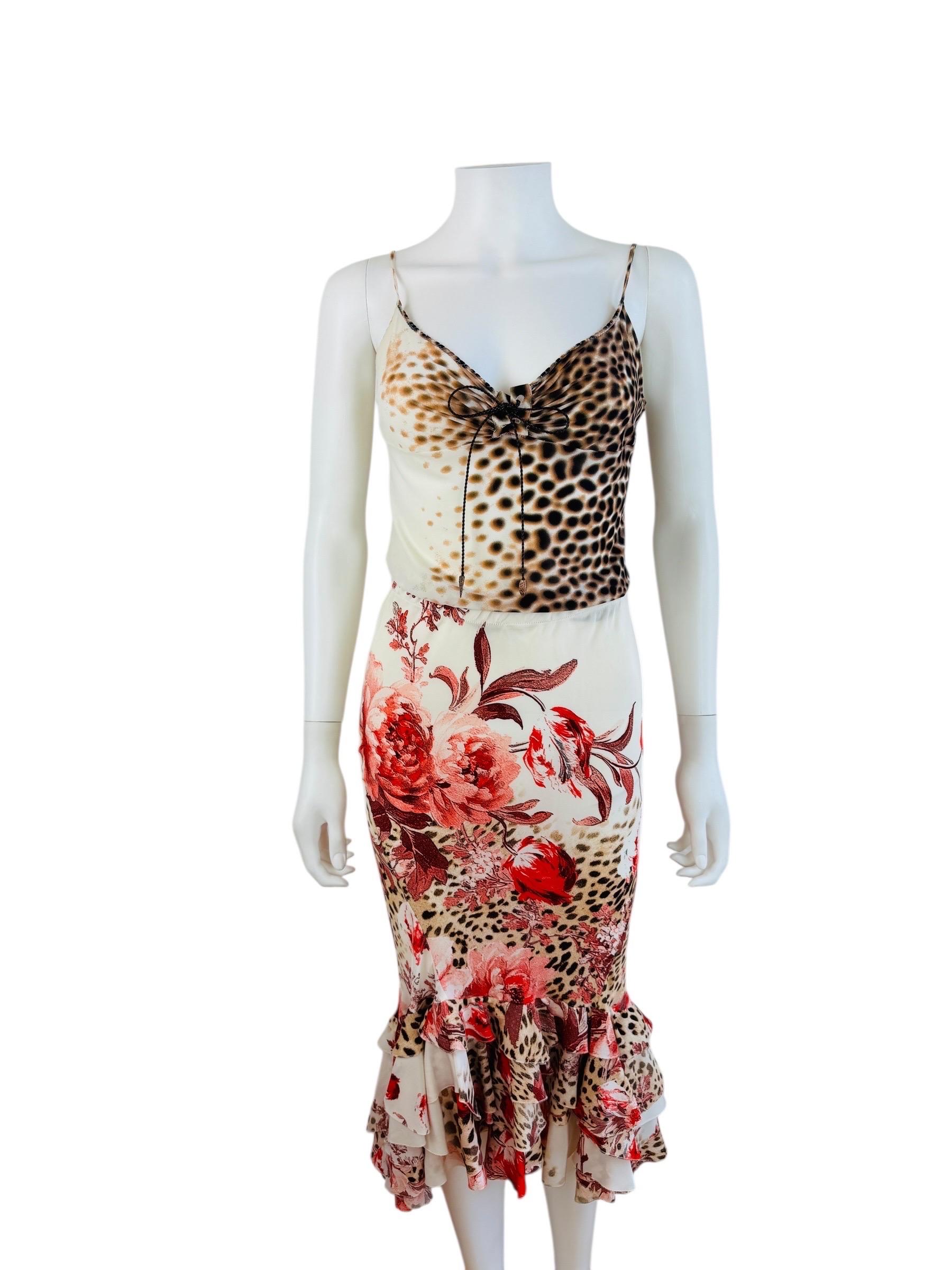 Vintage Roberto Cavalli S/S 2002 Cheetah Animal Print Floral Top + Skirt Set Excellent état - En vente à Denver, CO