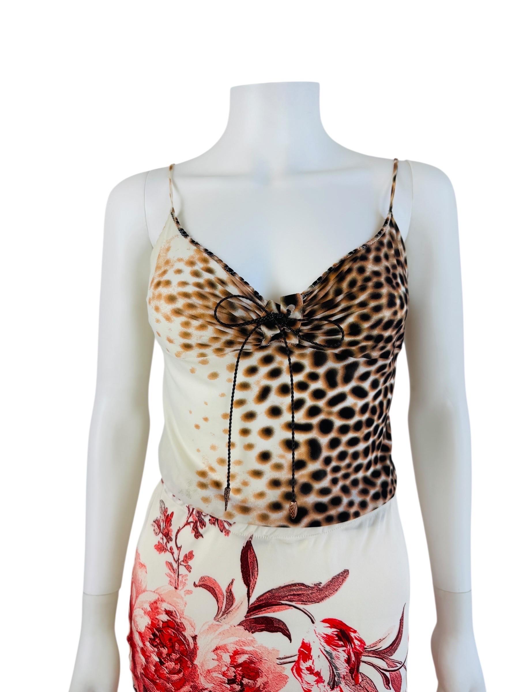 Vintage Roberto Cavalli S/S 2002 Cheetah Animal Print Floral Top + Skirt Set Unisexe en vente