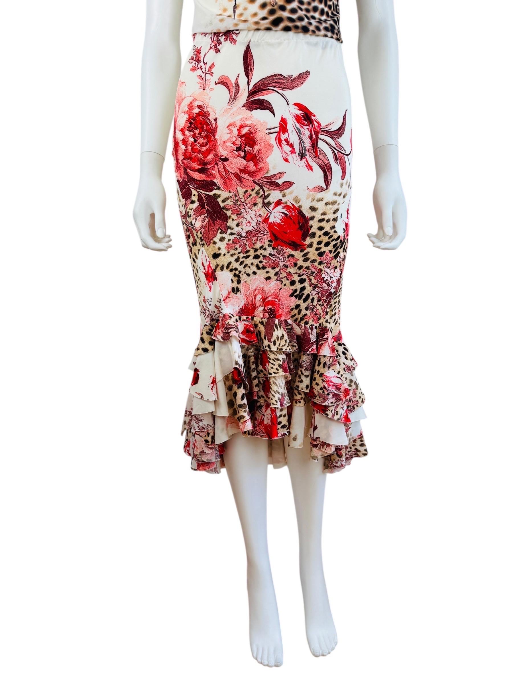 Vintage Roberto Cavalli S/S 2002 Cheetah Animal Print Floral Top + Skirt Set en vente 2