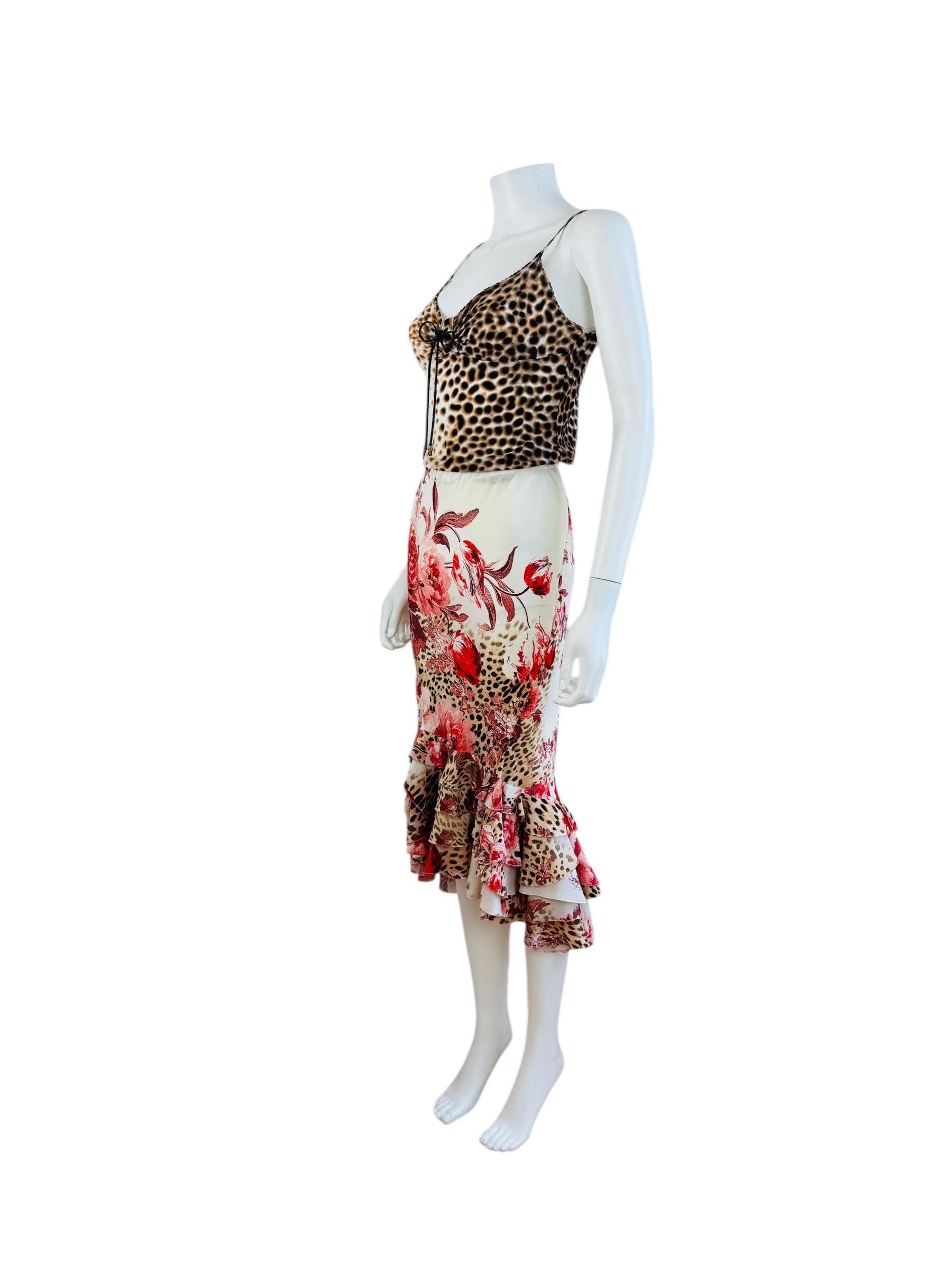 Vintage Roberto Cavalli S/S 2002 Cheetah Animal Print Floral Top + Skirt Set en vente 3