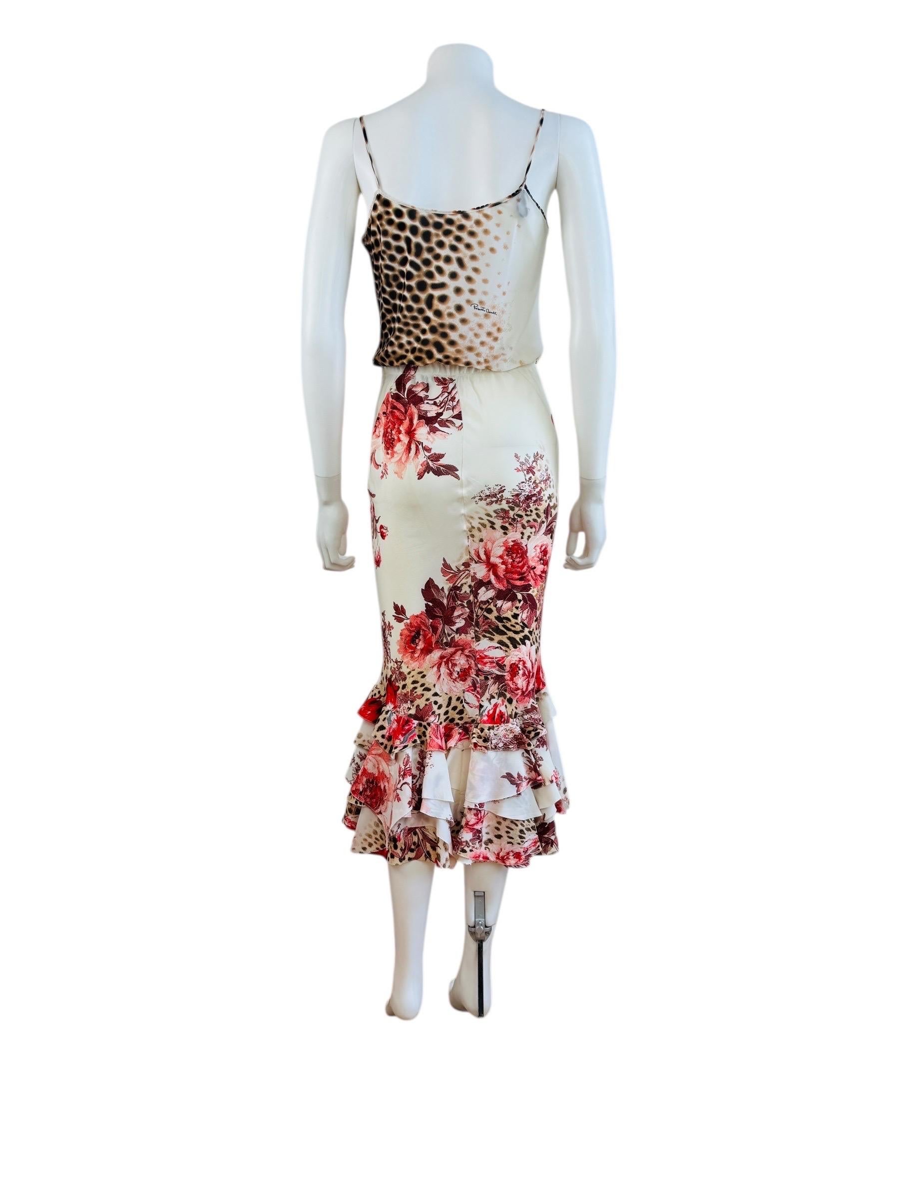 Vintage Roberto Cavalli S/S 2002 Cheetah Animal Print Floral Top + Skirt Set en vente 5