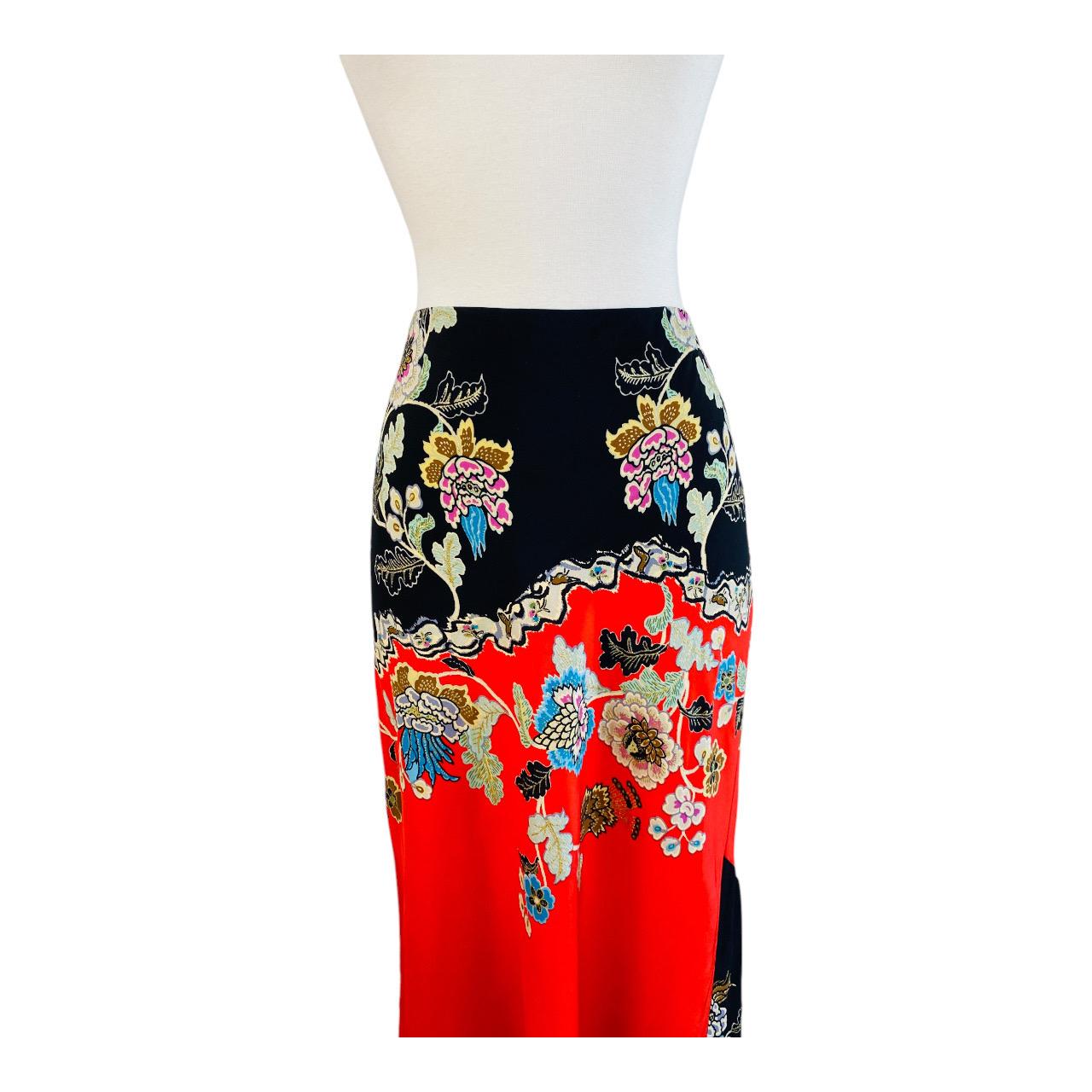Vintage Roberto Cavalli S/S 2003 Chinoiserie Black + Red Floral Maxi Skirt In Excellent Condition For Sale In Denver, CO