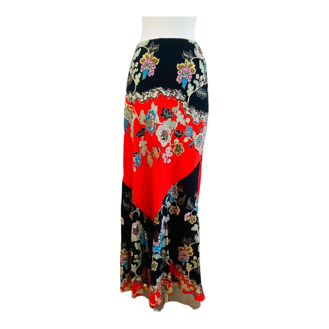 Women's or Men's Vintage Roberto Cavalli S/S 2003 Chinoiserie Black + Red Floral Maxi Skirt For Sale
