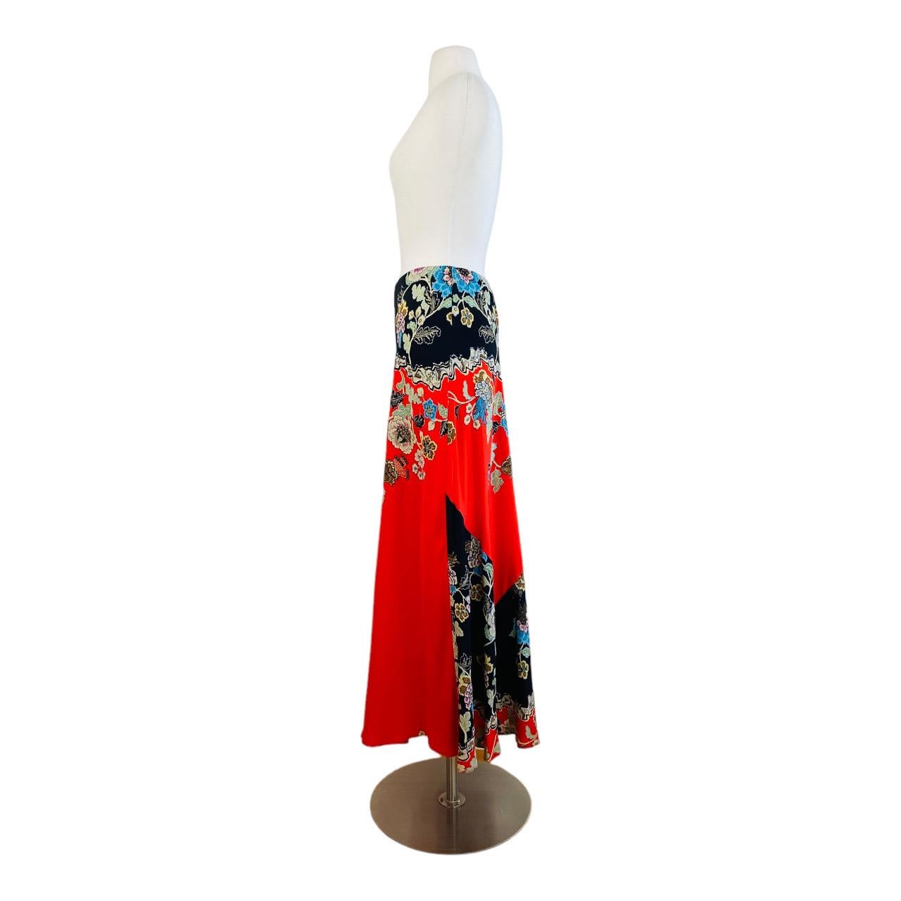 Vintage Roberto Cavalli S/S 2003 Chinoiserie Black + Red Floral Maxi Skirt For Sale 1