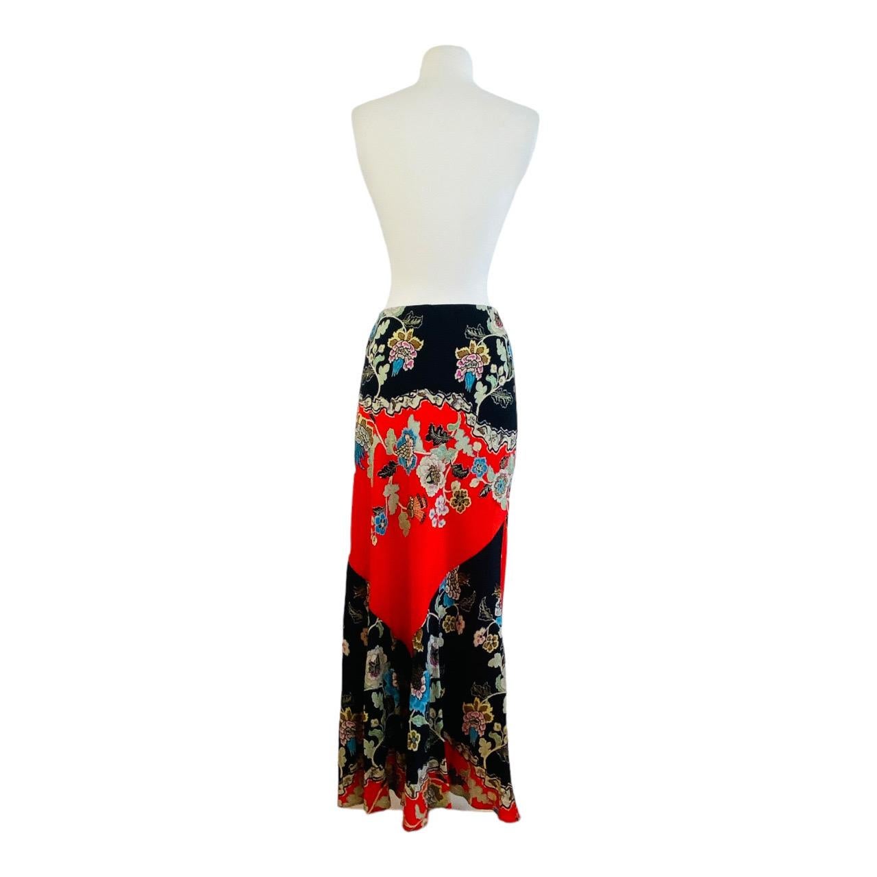 Vintage Roberto Cavalli S/S 2003 Chinoiserie Black + Red Floral Maxi Skirt For Sale 2