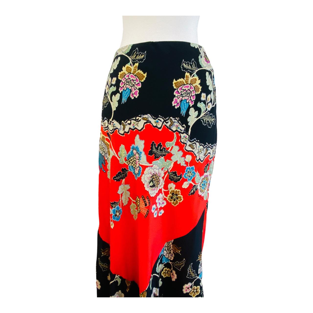 Vintage Roberto Cavalli S/S 2003 Chinoiserie Black + Red Floral Maxi Skirt For Sale 3