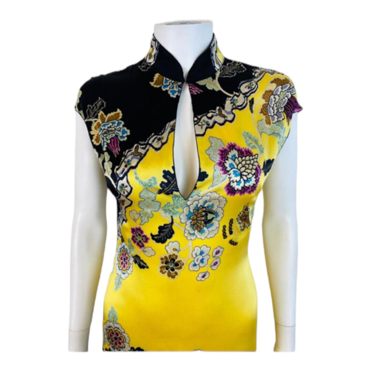 Vintage Roberto Cavalli S/S 2003 Chinoiserie Yellow Floral Silk Mini Dress For Sale 1