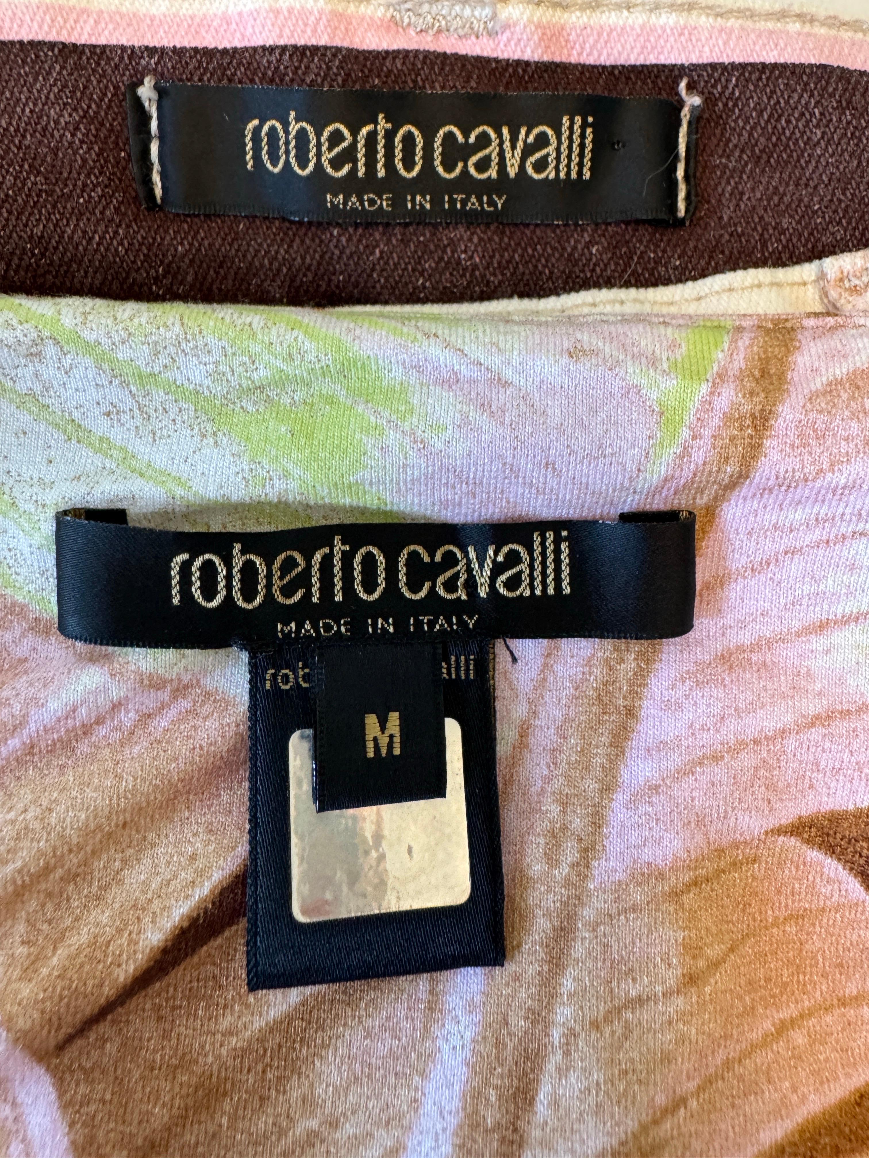 Vintage Roberto Cavalli P/E 2003 Tropical Palm Print Off Shoulder Top Pants Jean in vendita 9