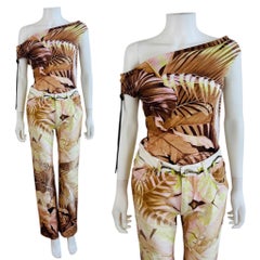 Vintage Roberto Cavalli S/S 2003 Tropical Palm Print Off Shoulder Top Pants Jean