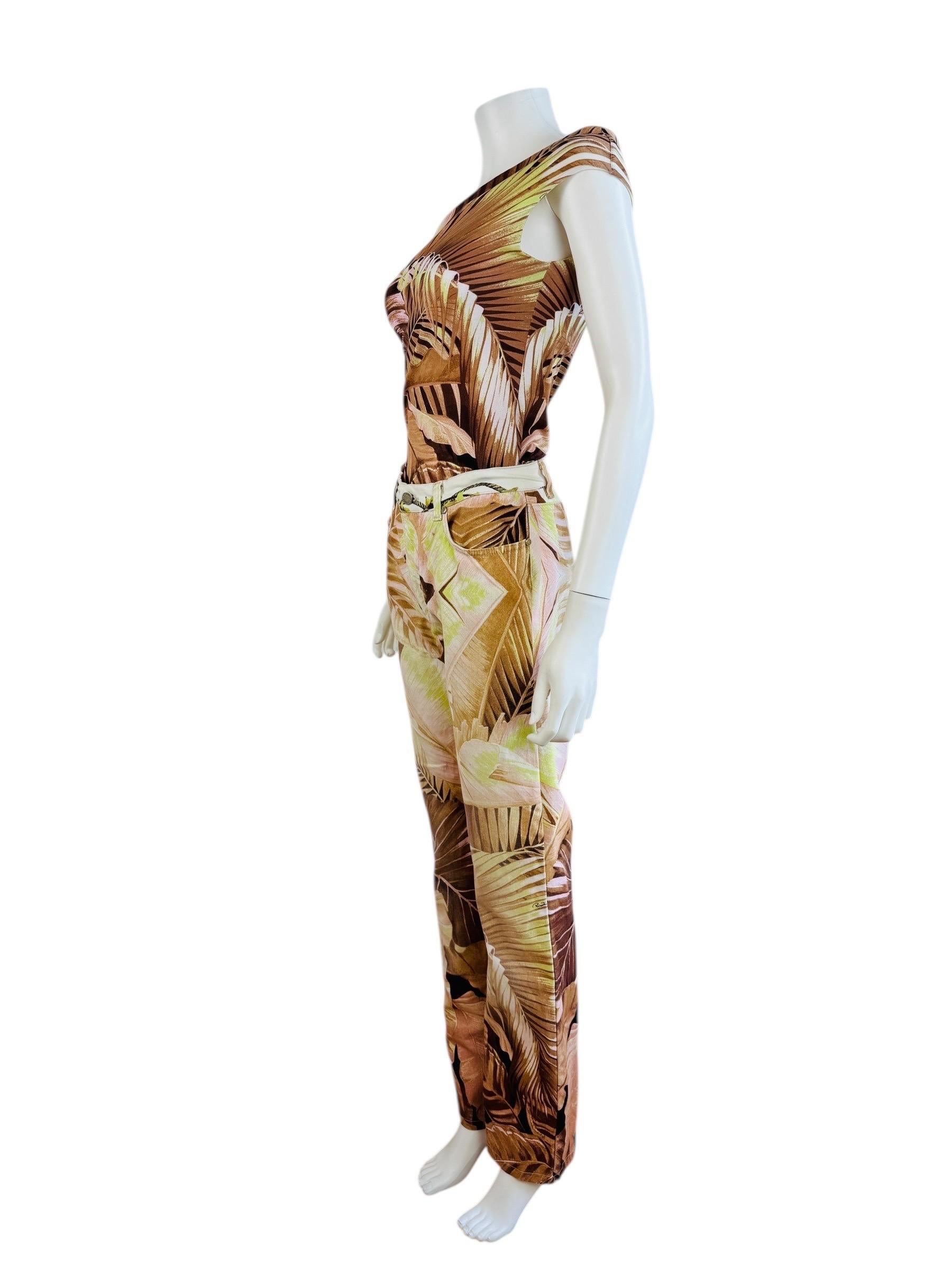 da uomo o donna Vintage Roberto Cavalli P/E 2003 Tropical Palm Print Off Shoulder Top Pants Jean in vendita