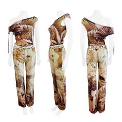 Vintage Roberto Cavalli S/S 2003 Tropical Palm Print Off Shoulder Top Pants Jean