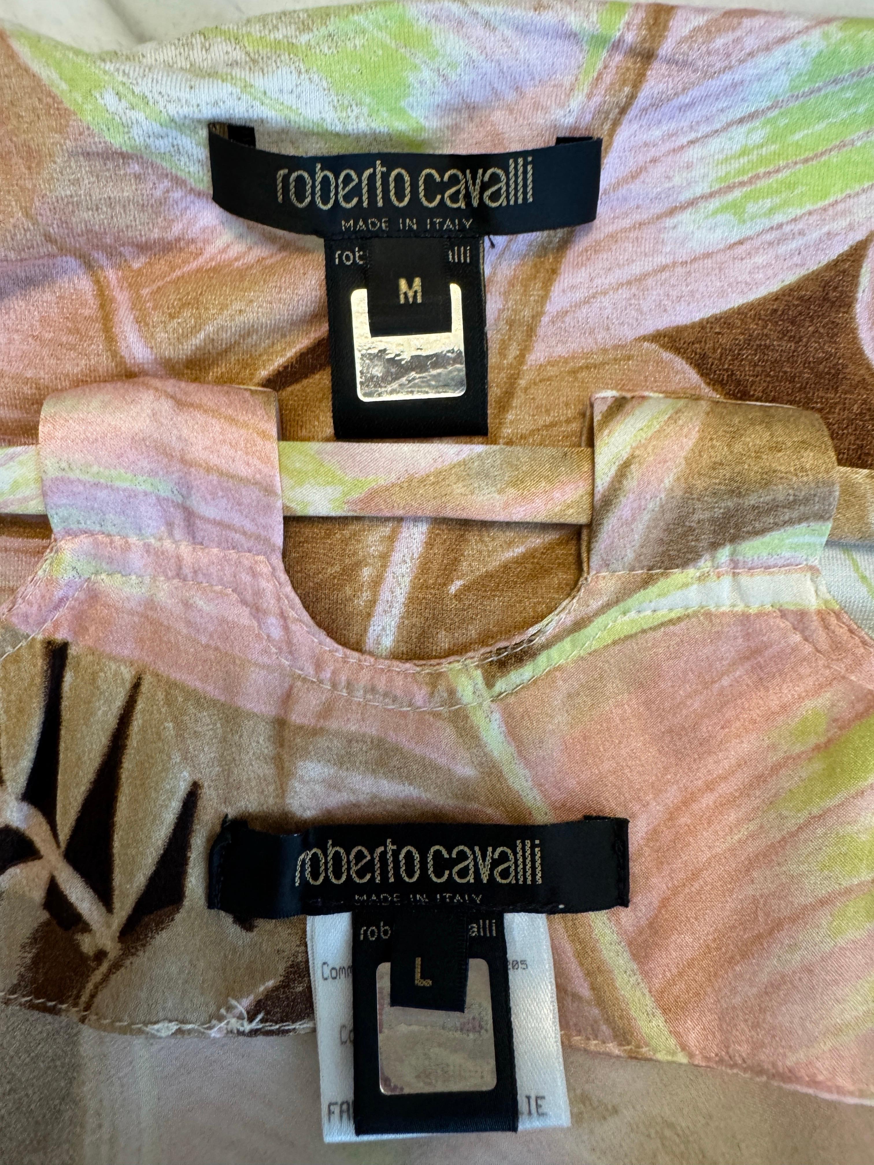 Vintage Roberto Cavalli S/S 2003 Tropical Palm Print Off Shoulder Top Skirt Set For Sale 7