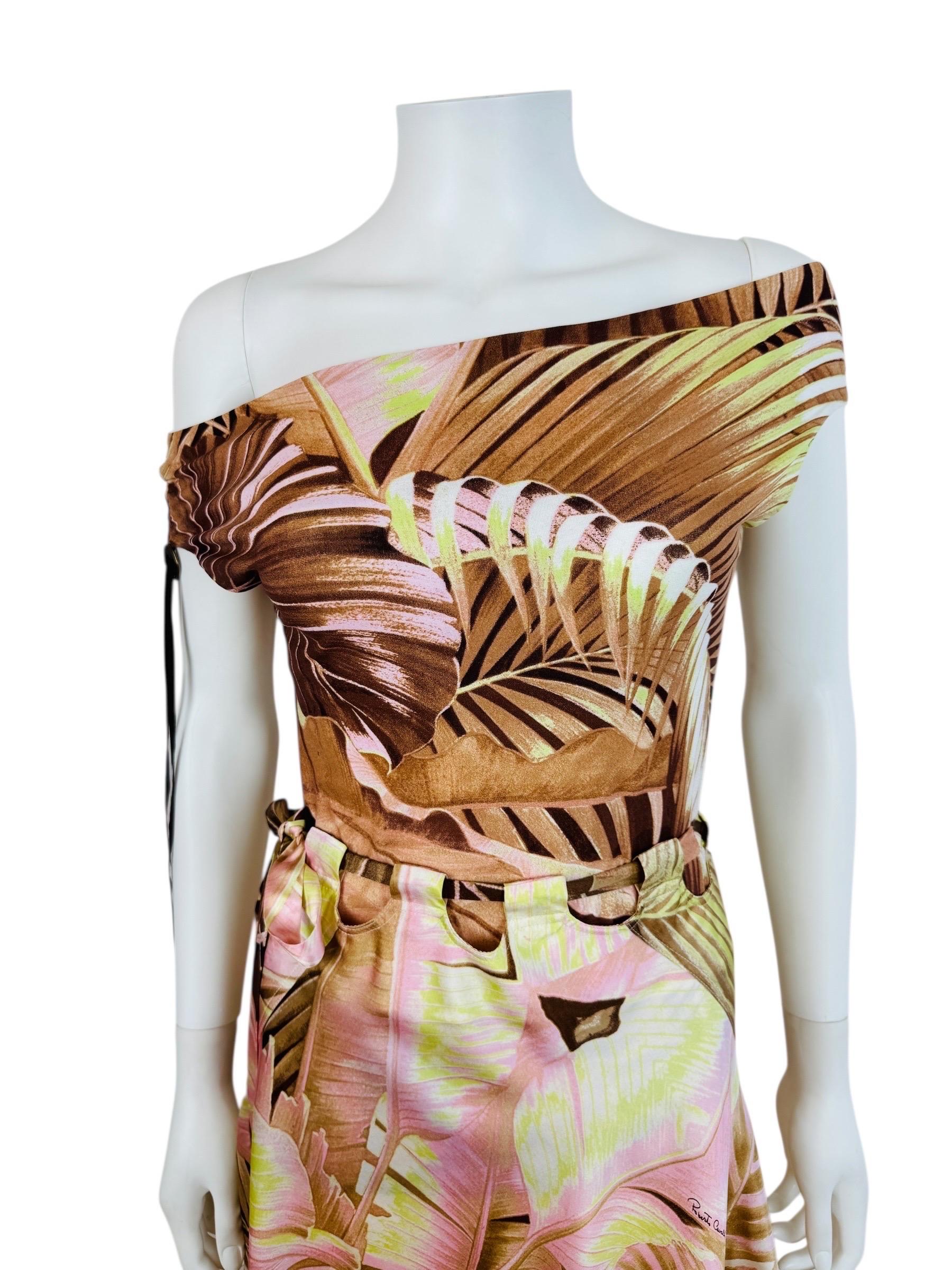 Beige Vintage Roberto Cavalli S/S 2003 Tropical Palm Print Off Shoulder Top Skirt Set For Sale