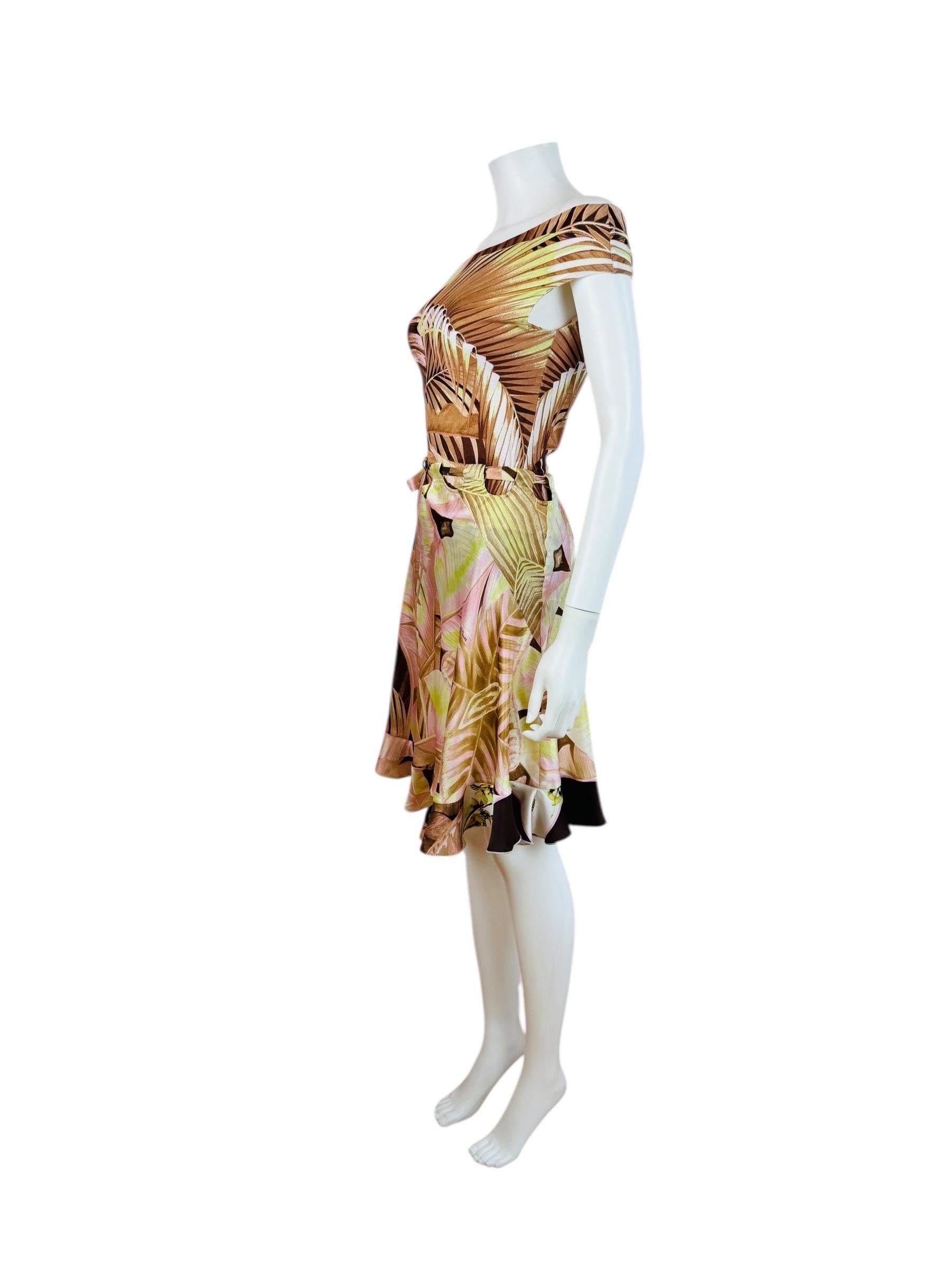 Vintage Roberto Cavalli S/S 2003 Tropical Palm Print Off Shoulder Top Skirt Set For Sale 1