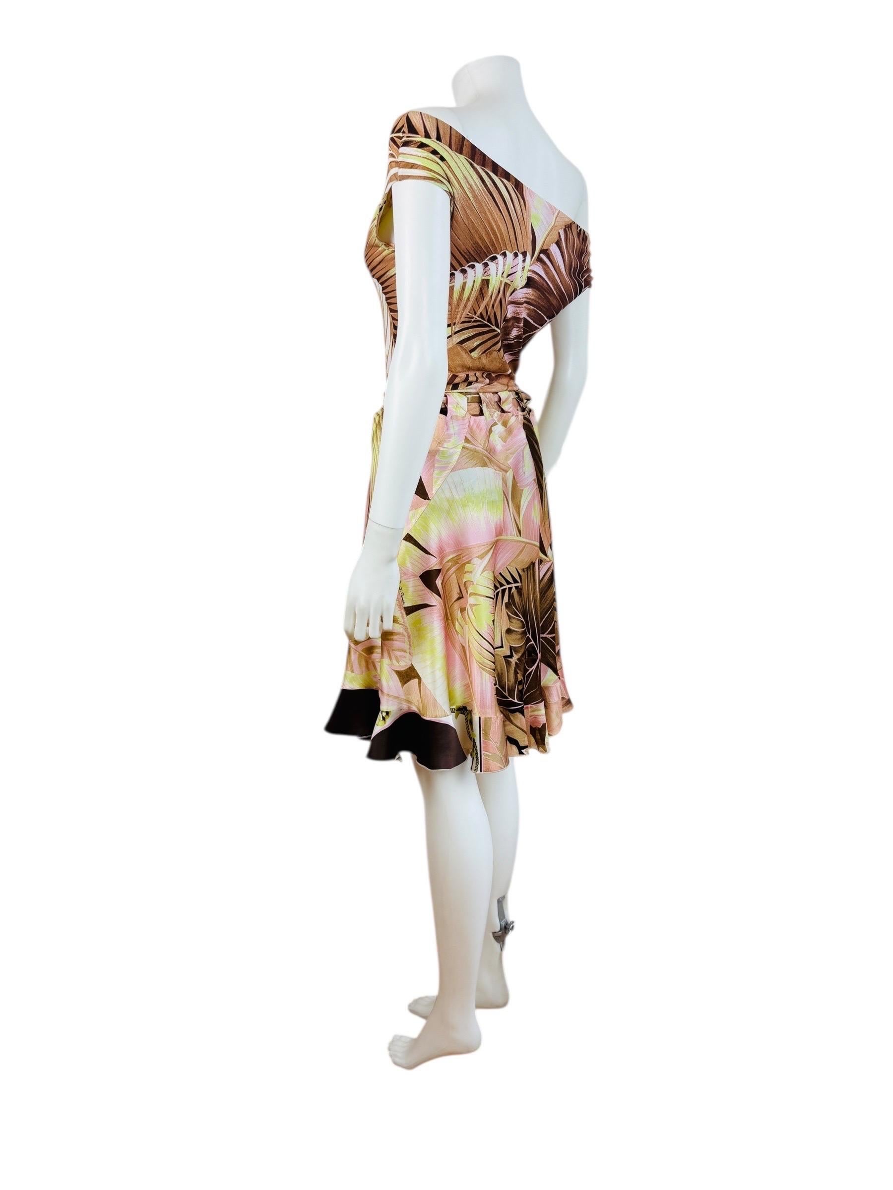 Vintage Roberto Cavalli S/S 2003 Tropical Palm Print Off Shoulder Top Skirt Set For Sale 2