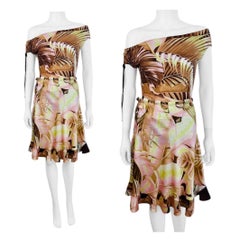 Vintage Roberto Cavalli S/S 2003 Tropical Palm Print Off Shoulder Top Skirt Set