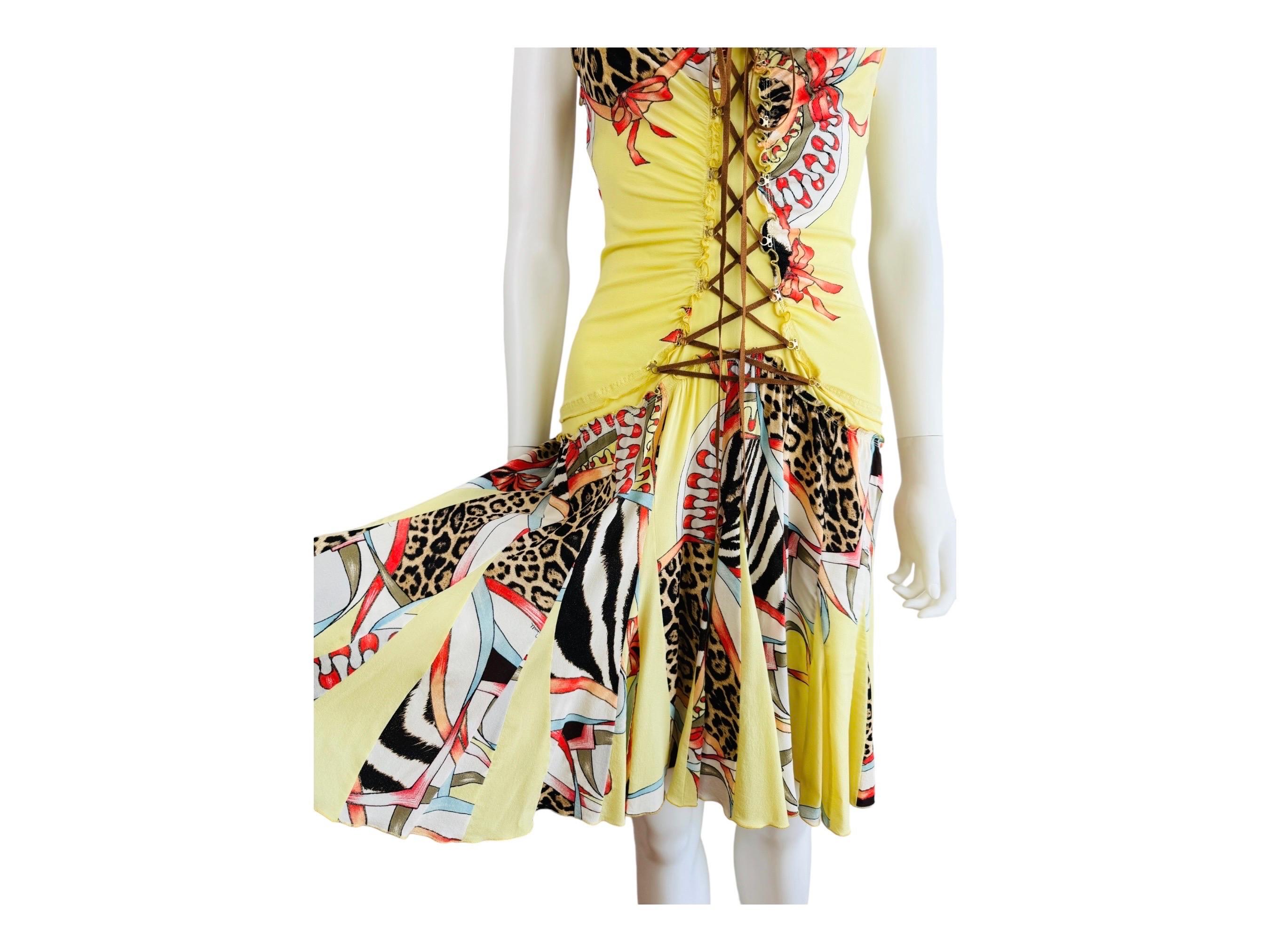 Vintage Roberto Cavalli S/S 2004 Floral Leopard Abstract Lace Up Mini Dress 5