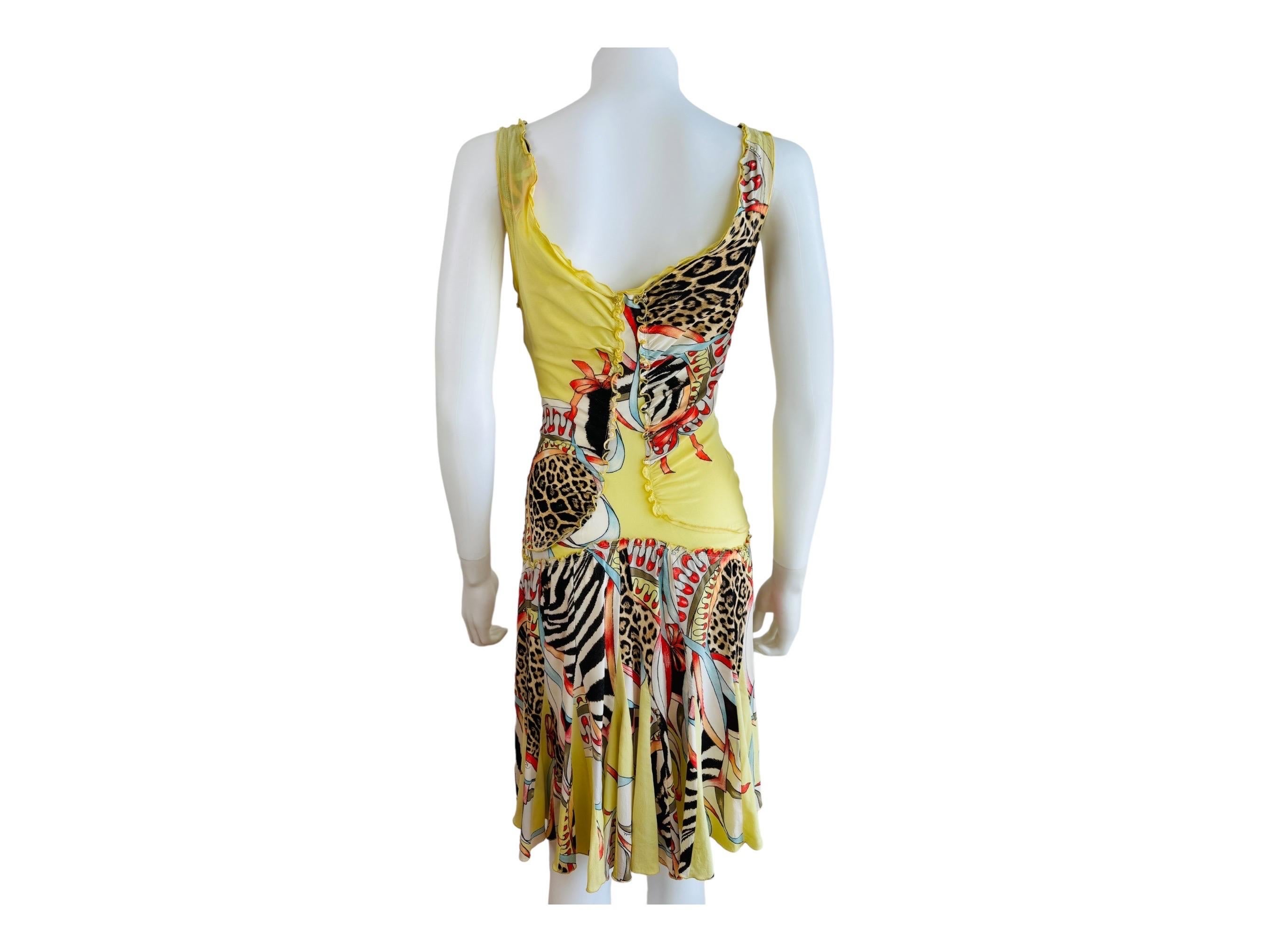 Vintage Roberto Cavalli S/S 2004 Floral Leopard Abstract Lace Up Mini Dress 8