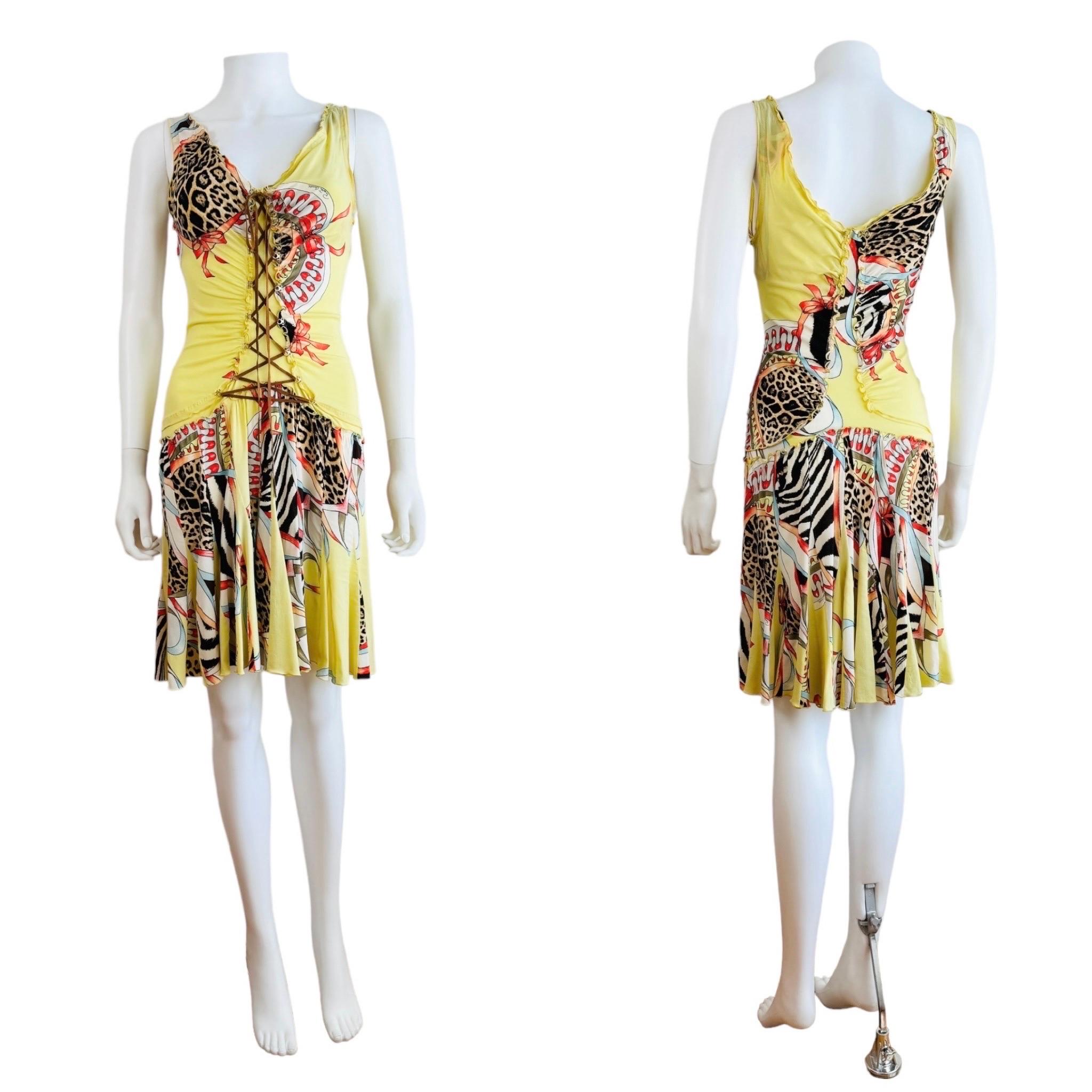 Beige Vintage Roberto Cavalli S/S 2004 Floral Leopard Abstract Lace Up Mini Dress