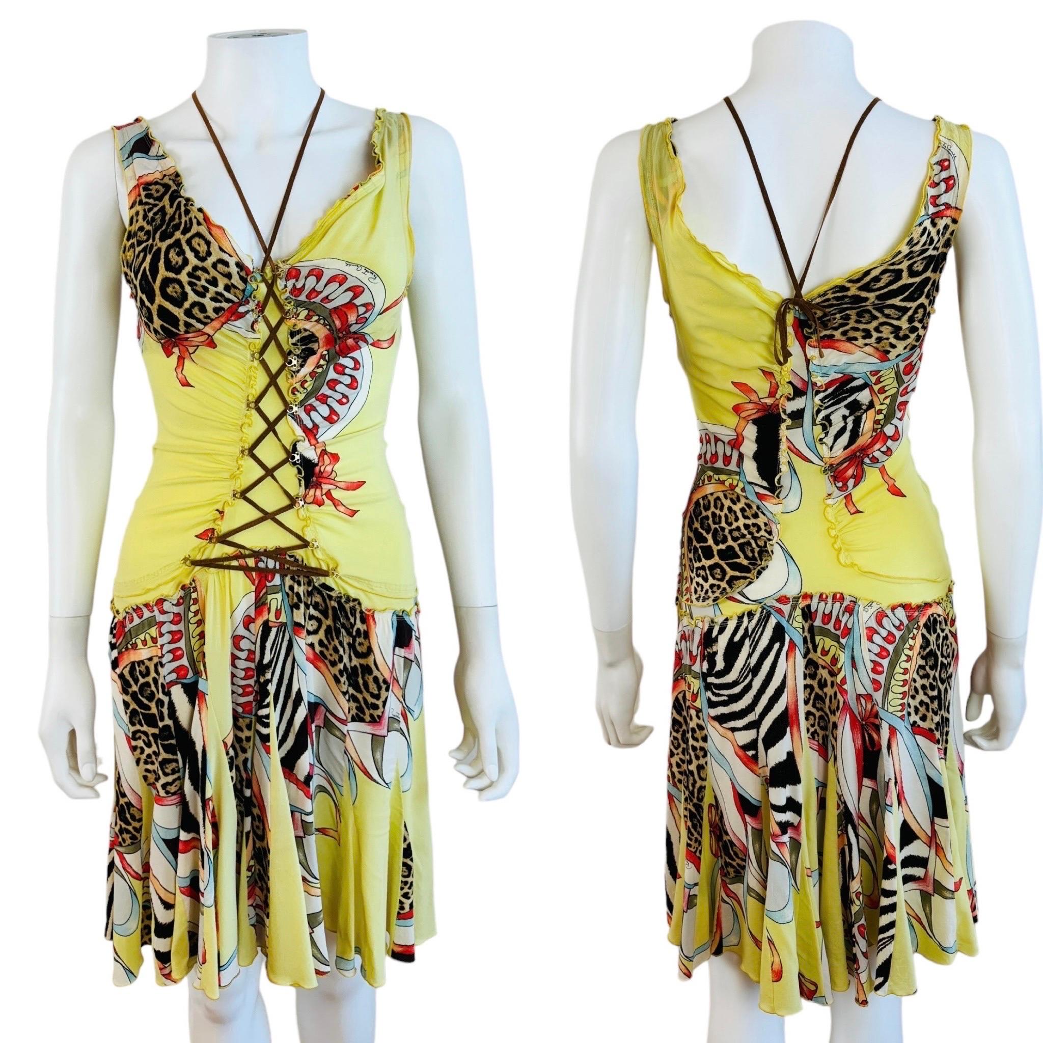 Vintage Roberto Cavalli S/S 2004 Floral Leopard Abstract Lace Up Mini Dress In Excellent Condition In Denver, CO