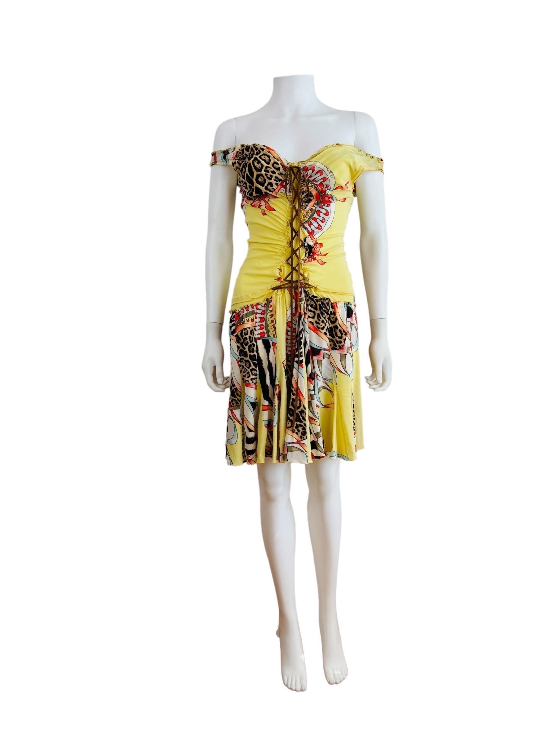 Women's Vintage Roberto Cavalli S/S 2004 Floral Leopard Abstract Lace Up Mini Dress