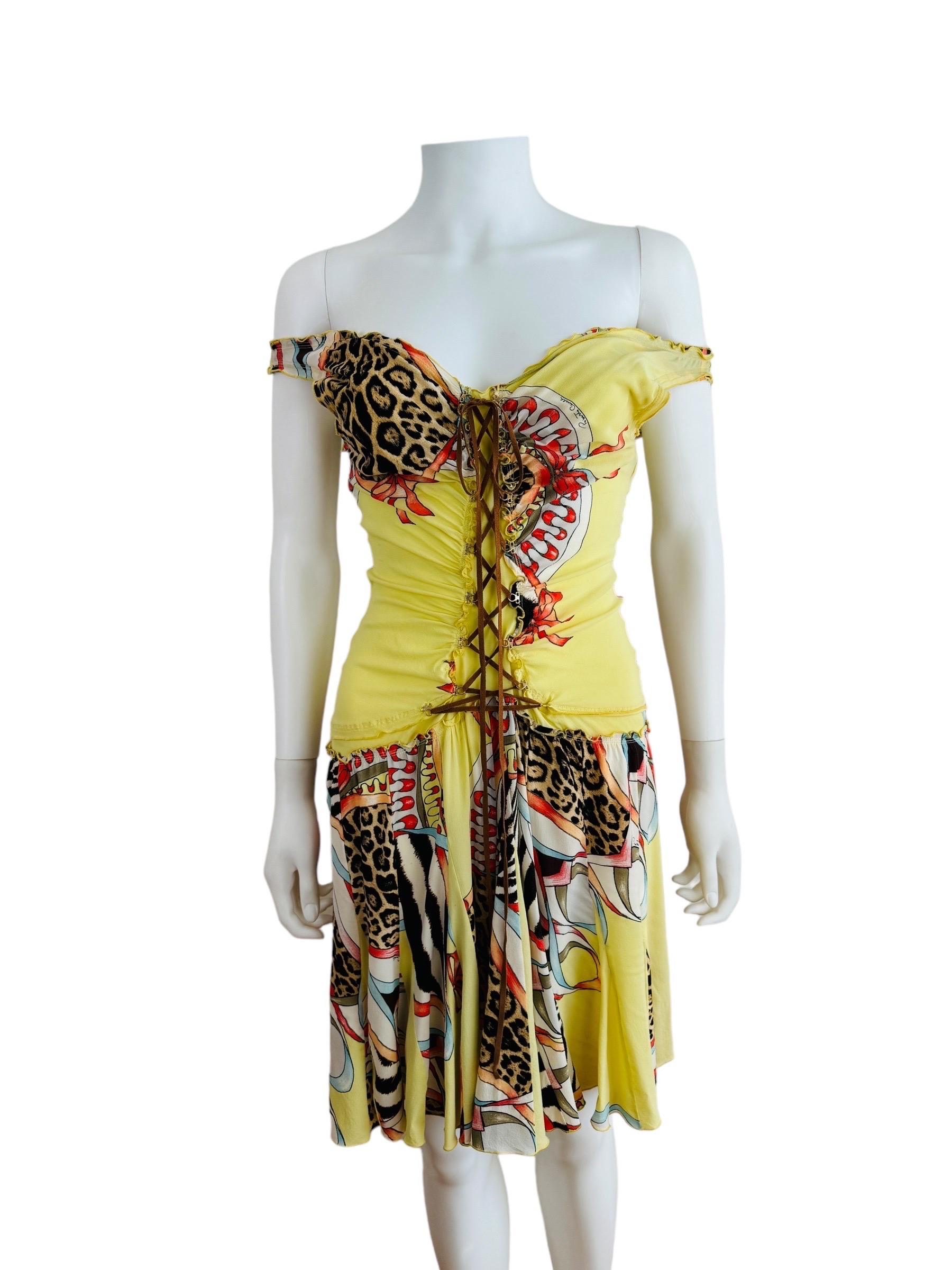 Vintage Roberto Cavalli S/S 2004 Floral Leopard Abstract Lace Up Mini Dress 1
