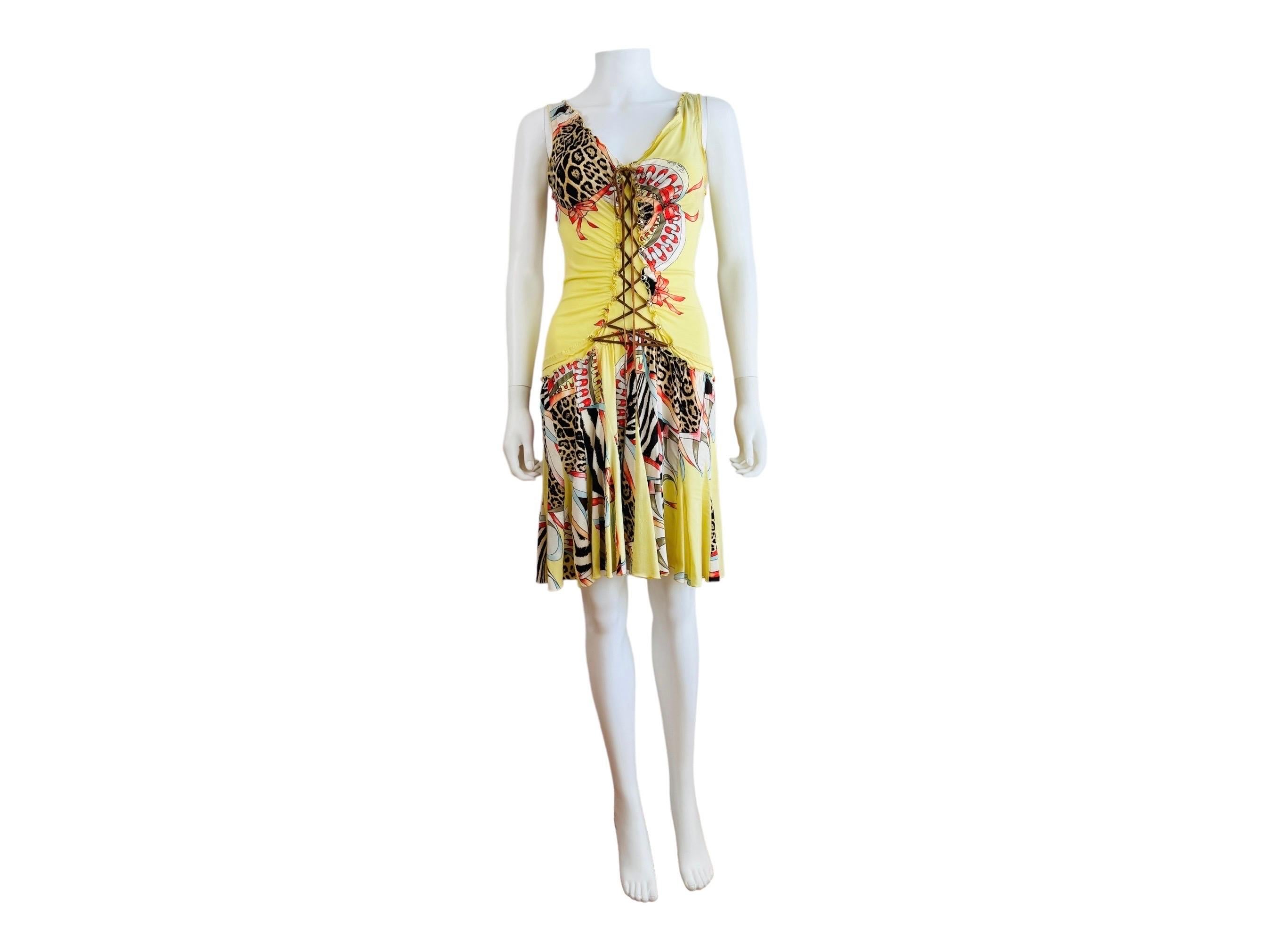 Vintage Roberto Cavalli S/S 2004 Floral Leopard Abstract Lace Up Mini Dress 2