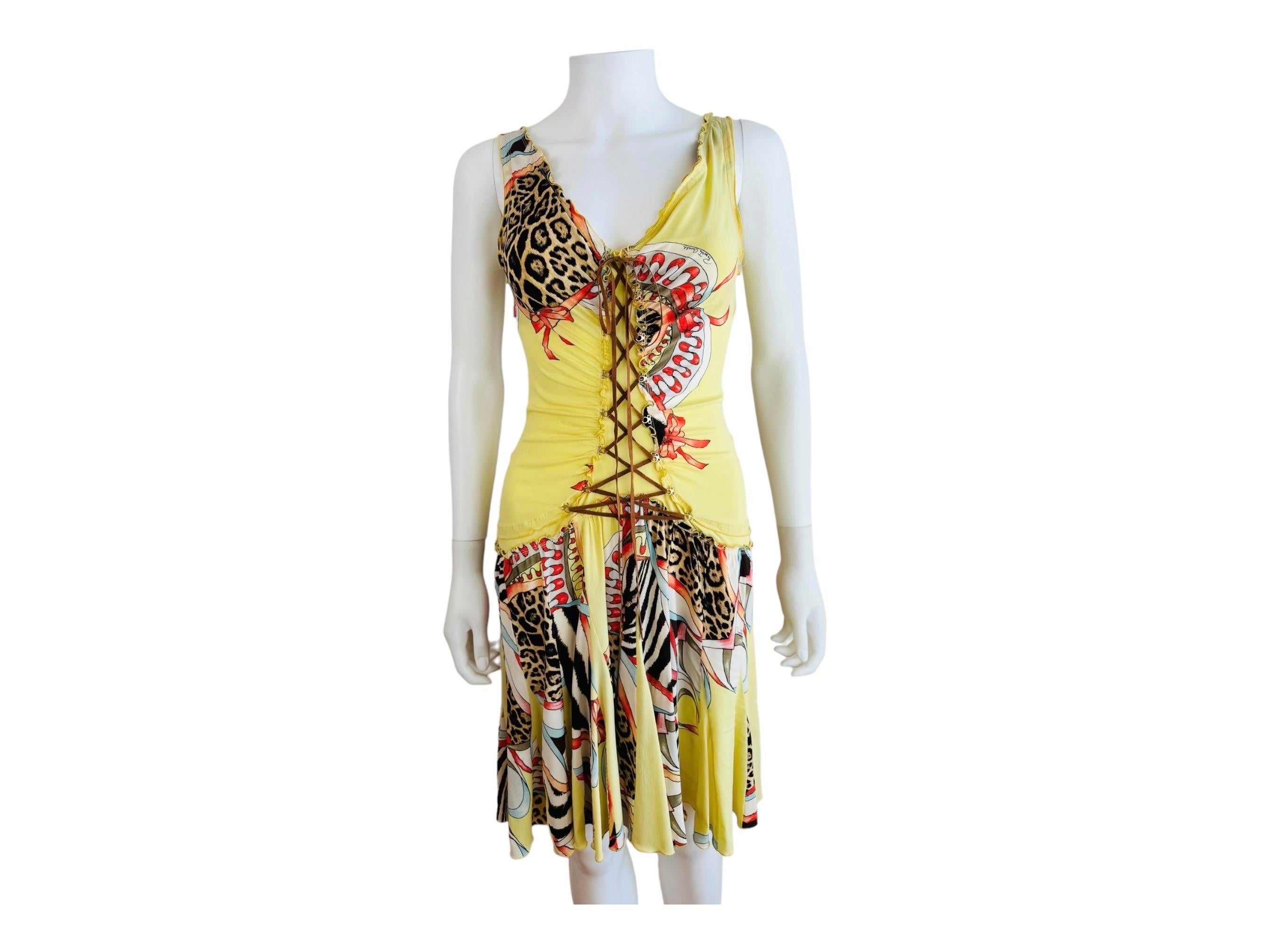 Vintage Roberto Cavalli S/S 2004 Floral Leopard Abstract Lace Up Mini Dress 3