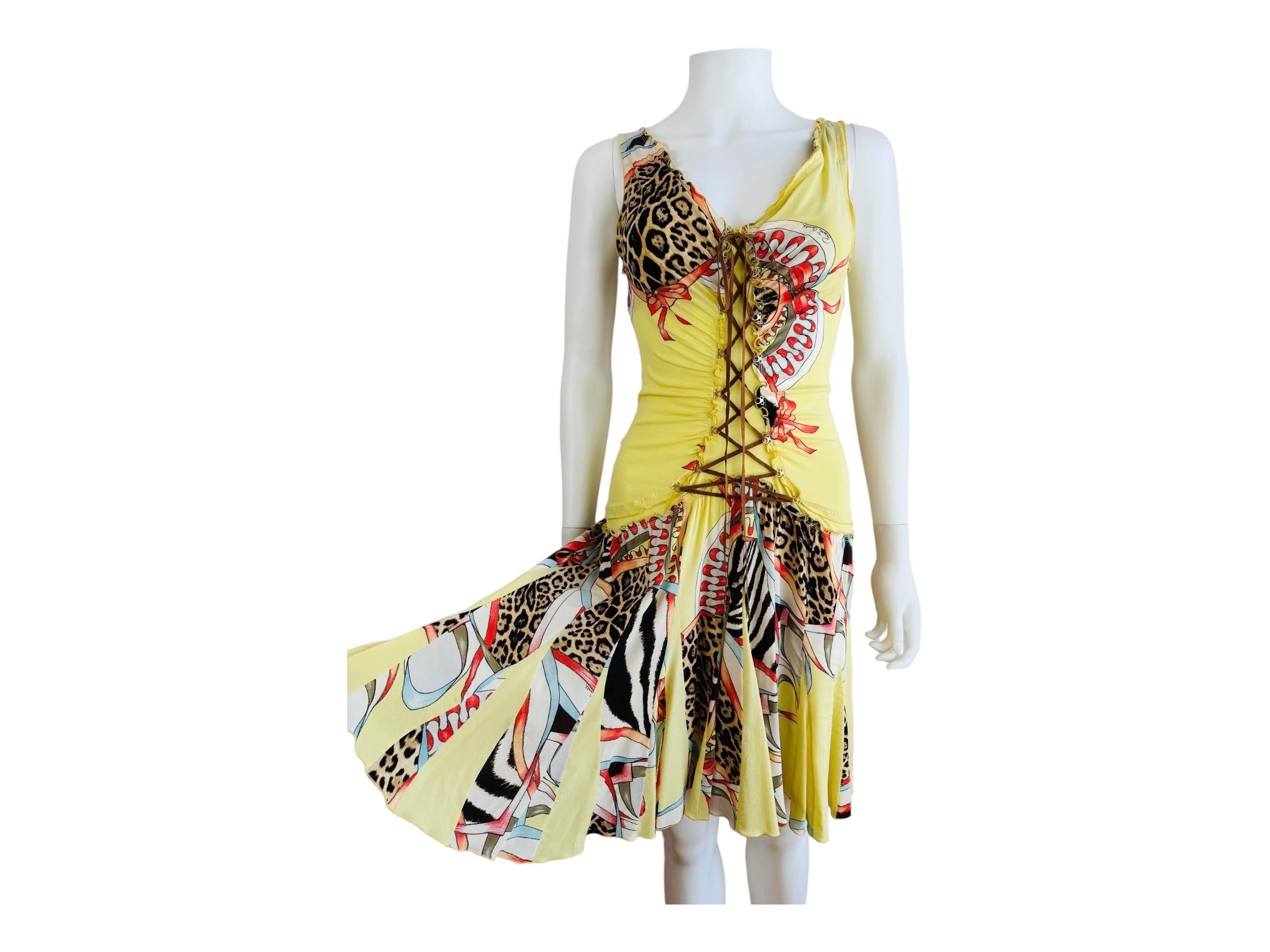 Vintage Roberto Cavalli S/S 2004 Floral Leopard Abstract Lace Up Mini Dress 4