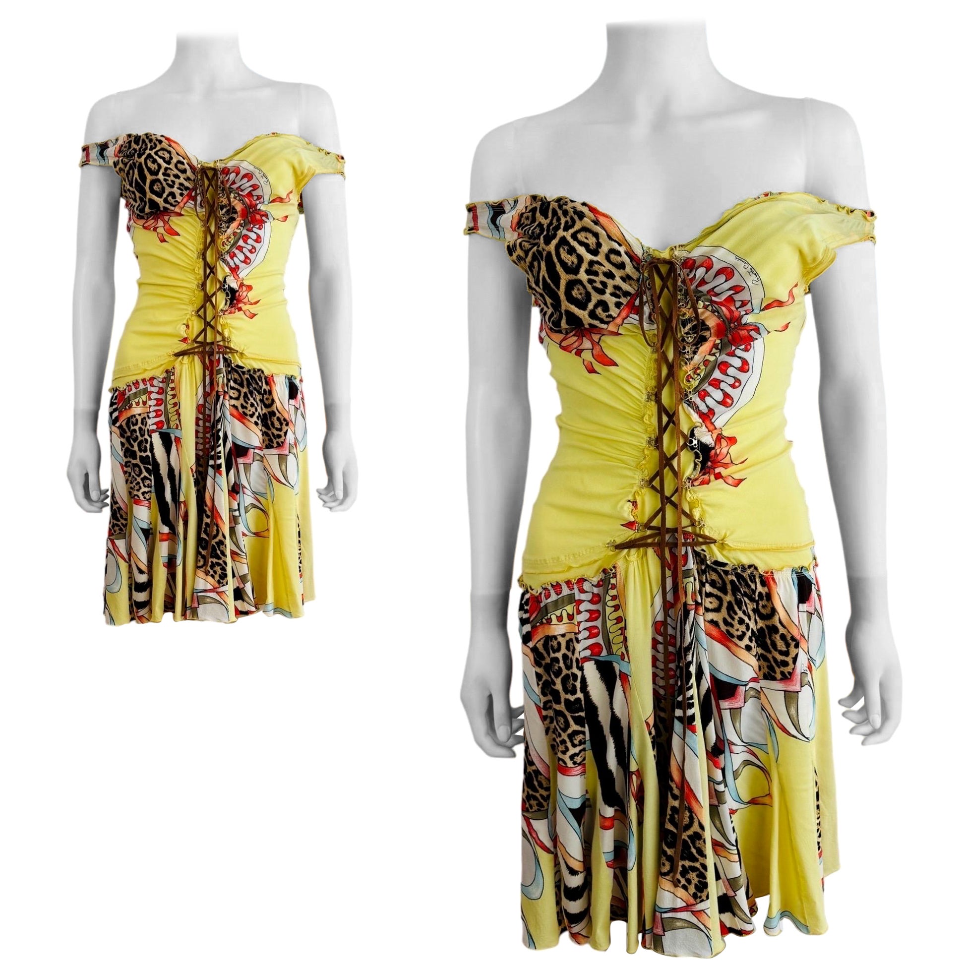 Vintage Roberto Cavalli S/S 2004 Floral Leopard Abstract Lace Up Mini Dress