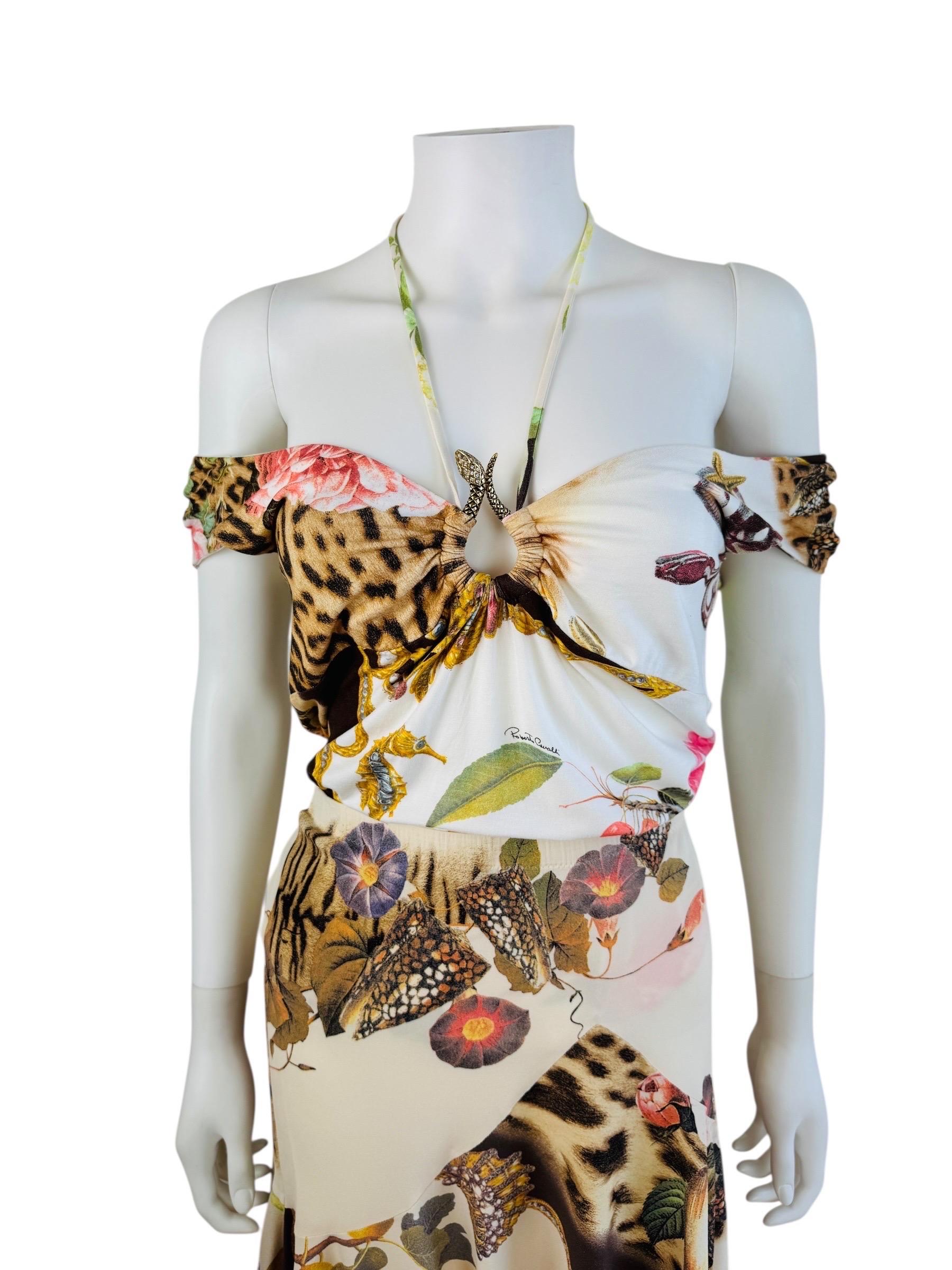 Beige Vintage Roberto Cavalli S/S 2005 Seashell Leopard Floral Top + Skirt Set For Sale