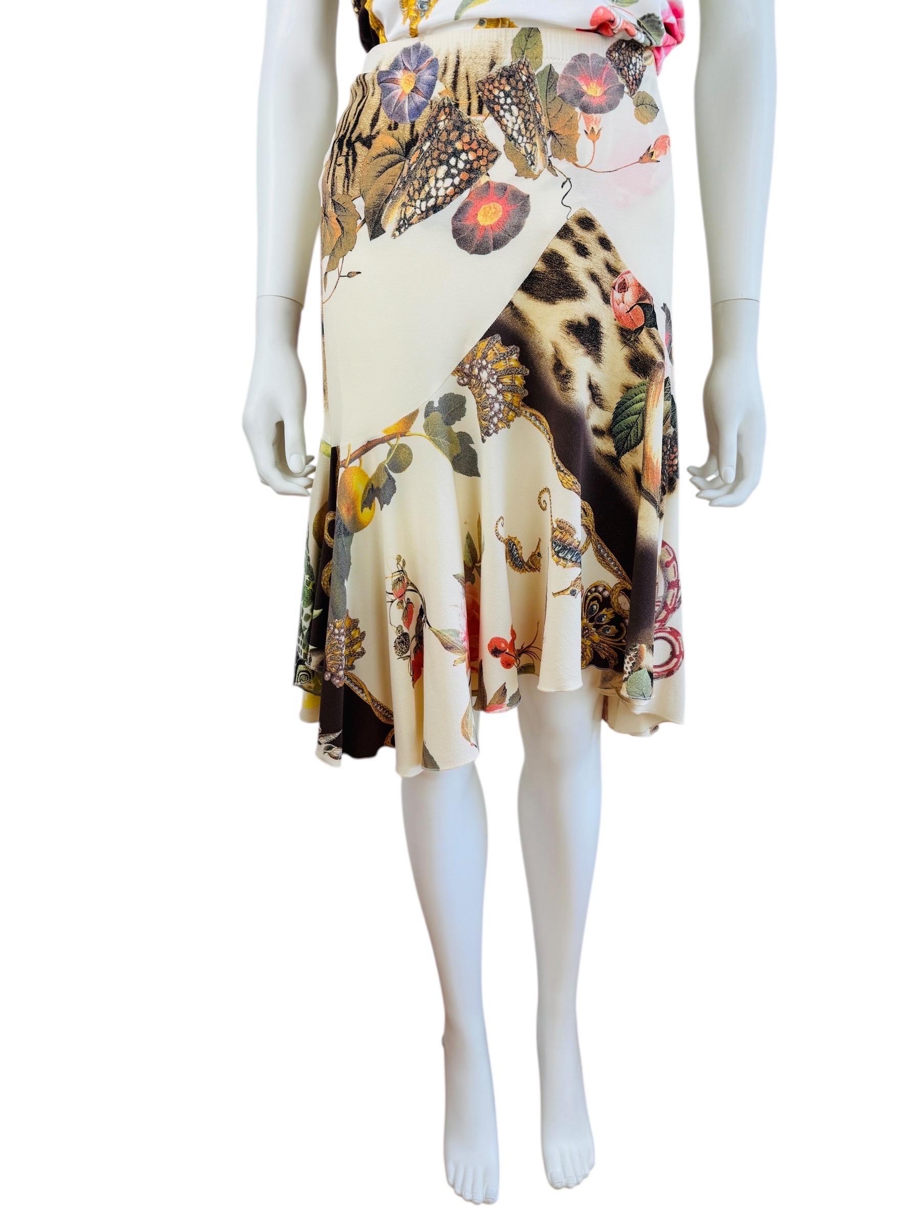 Vintage Roberto Cavalli S/S 2005 Seashell Leopard Floral Top + Skirt Set In Excellent Condition For Sale In Denver, CO