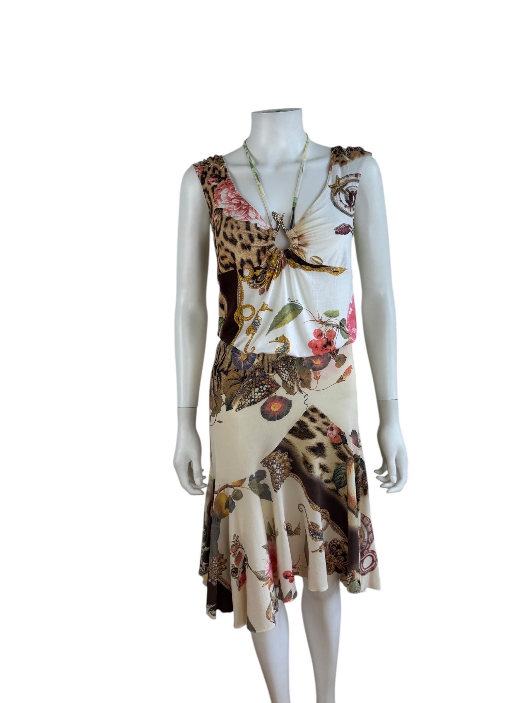 Vintage Roberto Cavalli S/S 2005 Seashell Leopard Floral Top + Skirt Set For Sale 1