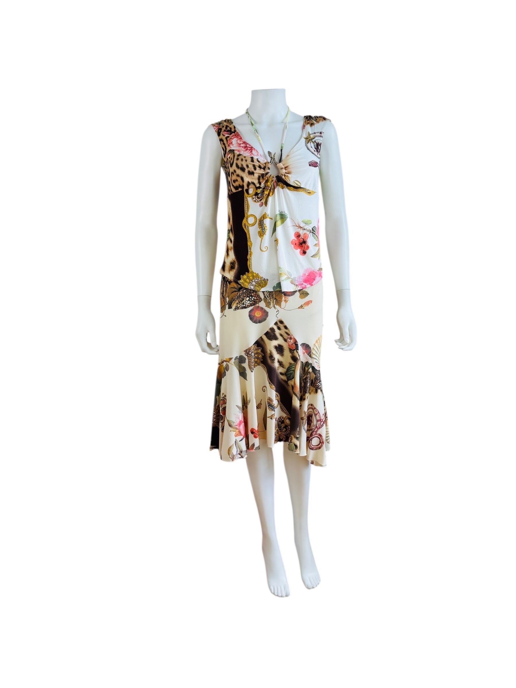 Vintage Roberto Cavalli S/S 2005 Seashell Leopard Floral Top + Skirt Set For Sale 3