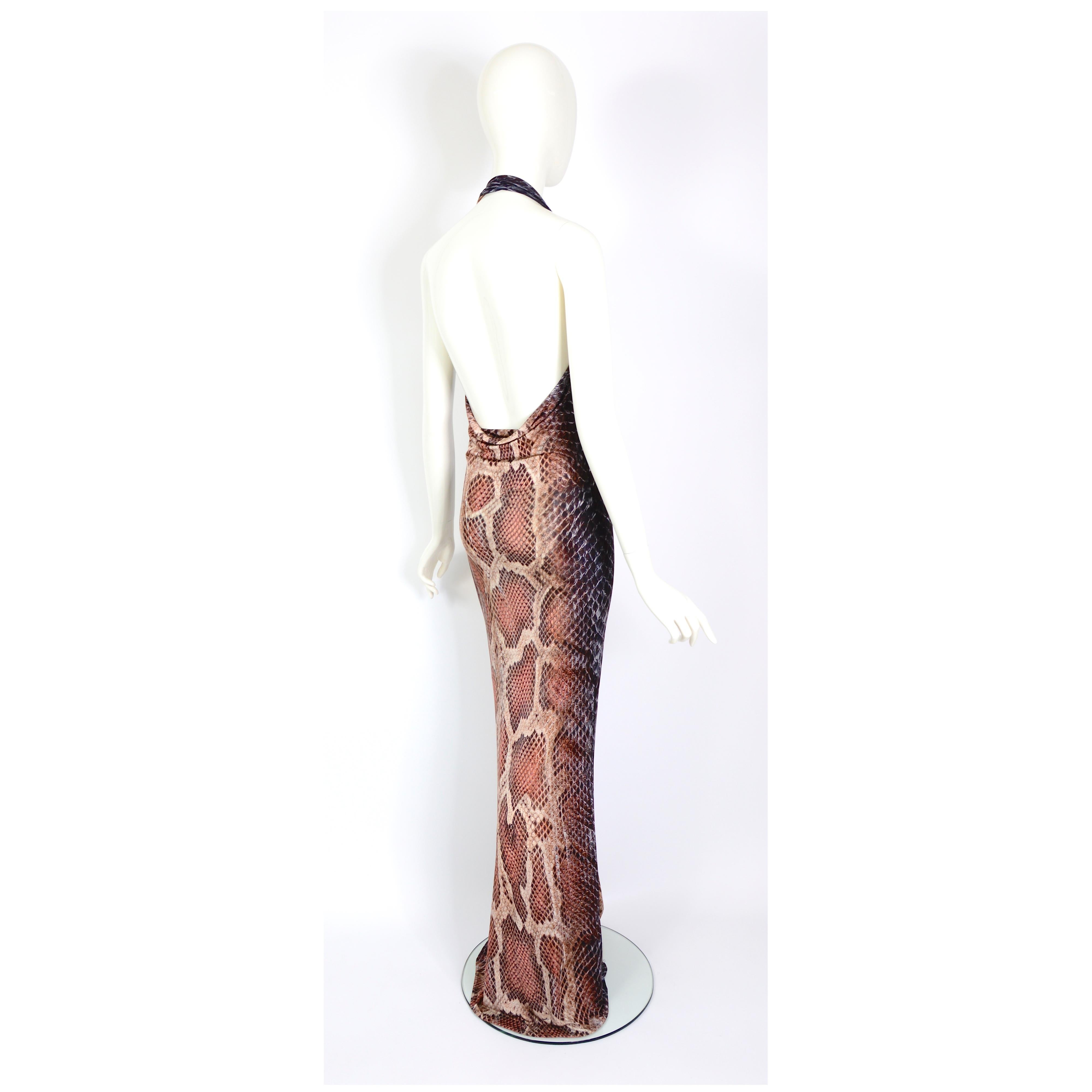 Brown Vintage Roberto Cavalli signed reptile print and attached brooch long dress   For Sale