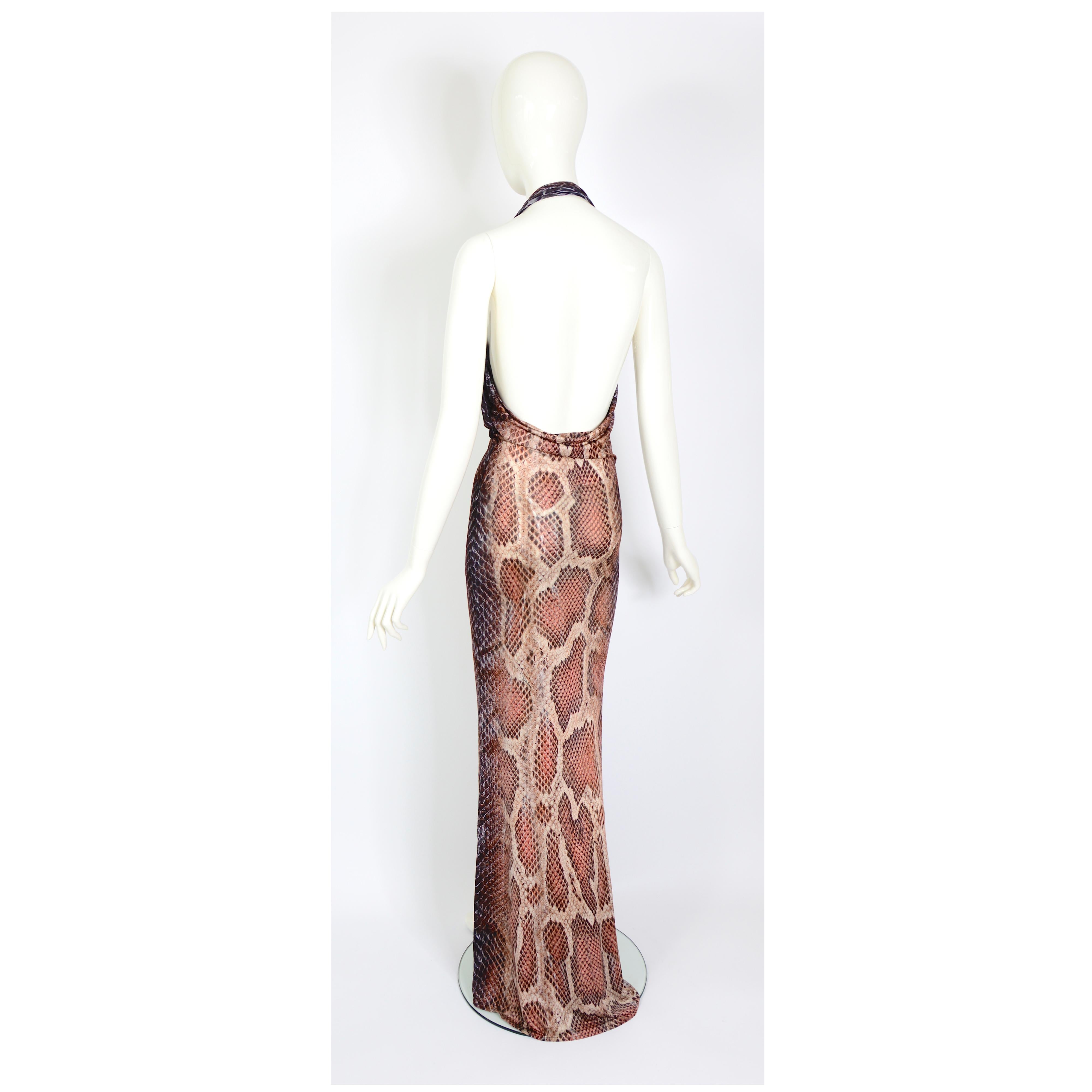 Women's Vintage Roberto Cavalli signed reptile print and attached brooch long dress   For Sale