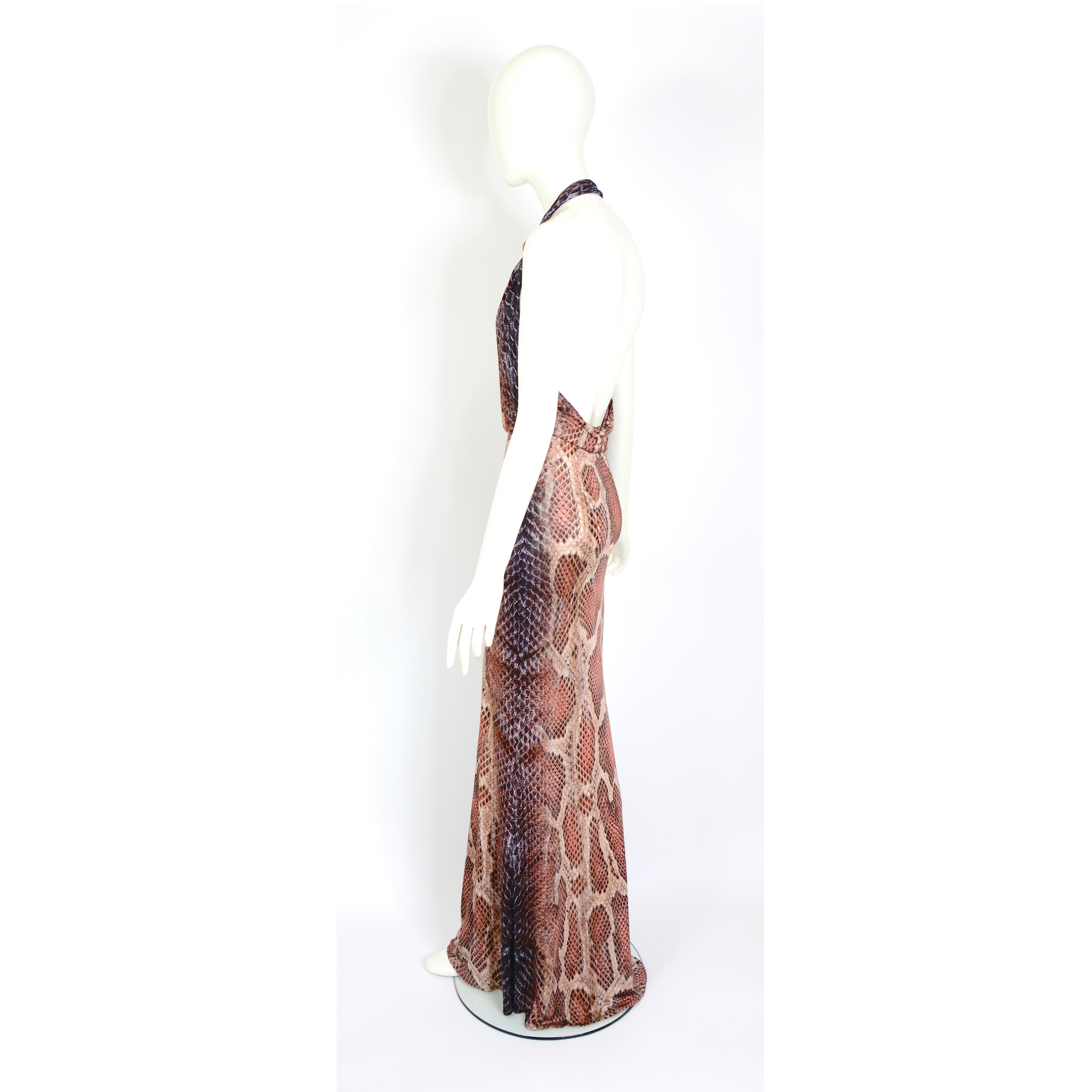 Vintage Roberto Cavalli signed reptile print and attached brooch long dress 1
