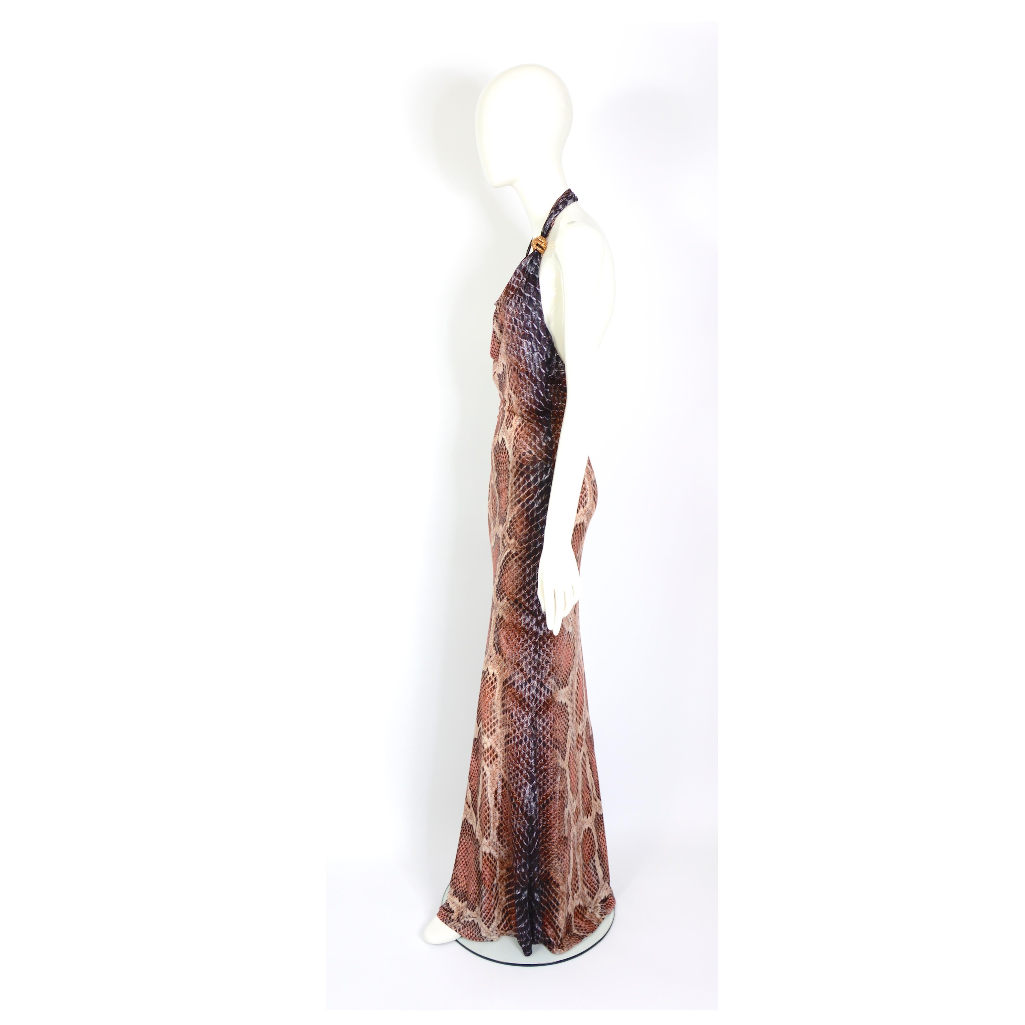 Vintage Roberto Cavalli signed reptile print and attached brooch long dress 2