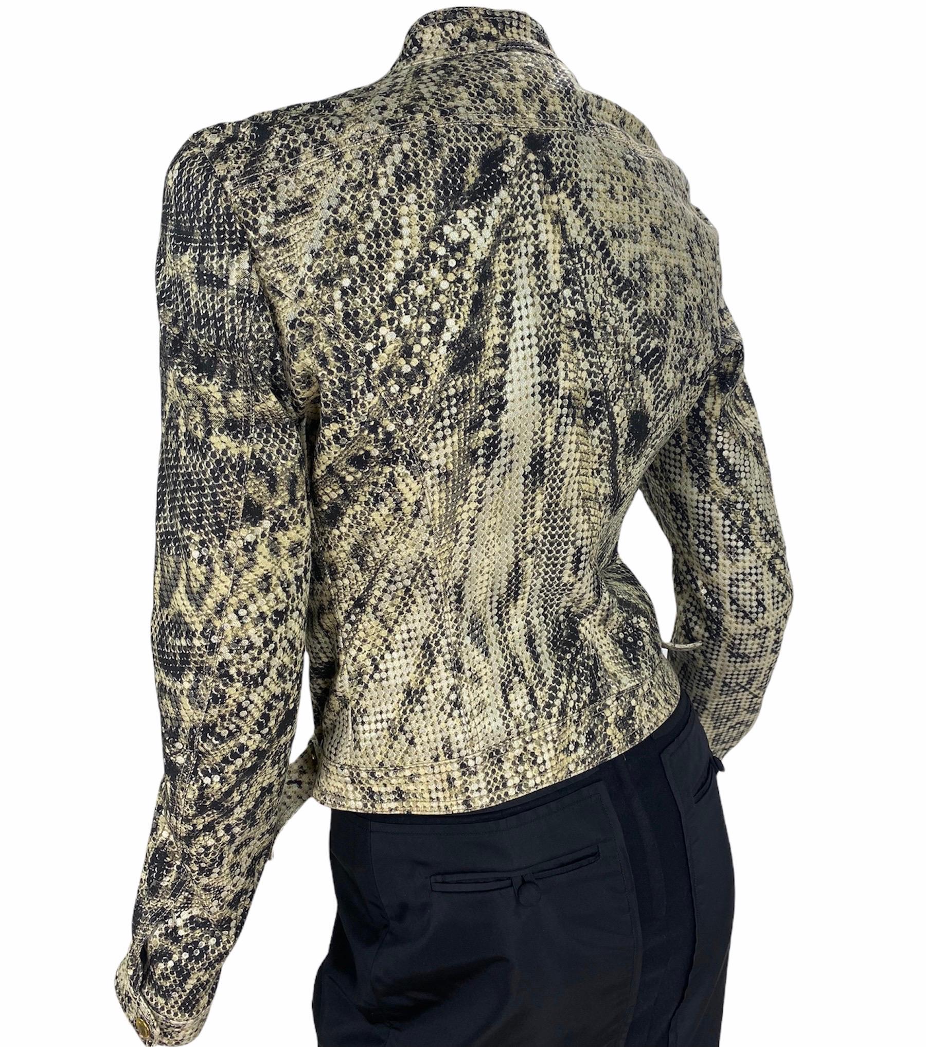 Vintage Roberto Cavalli Snake Print Biker Jacket
Mid 2000's
Size approx. - Small
Varnished, Fully Lined, Insulated Padding, Gold Leafing Finish.
Armpit to armpit - 17.5 inches, shoulders - 16