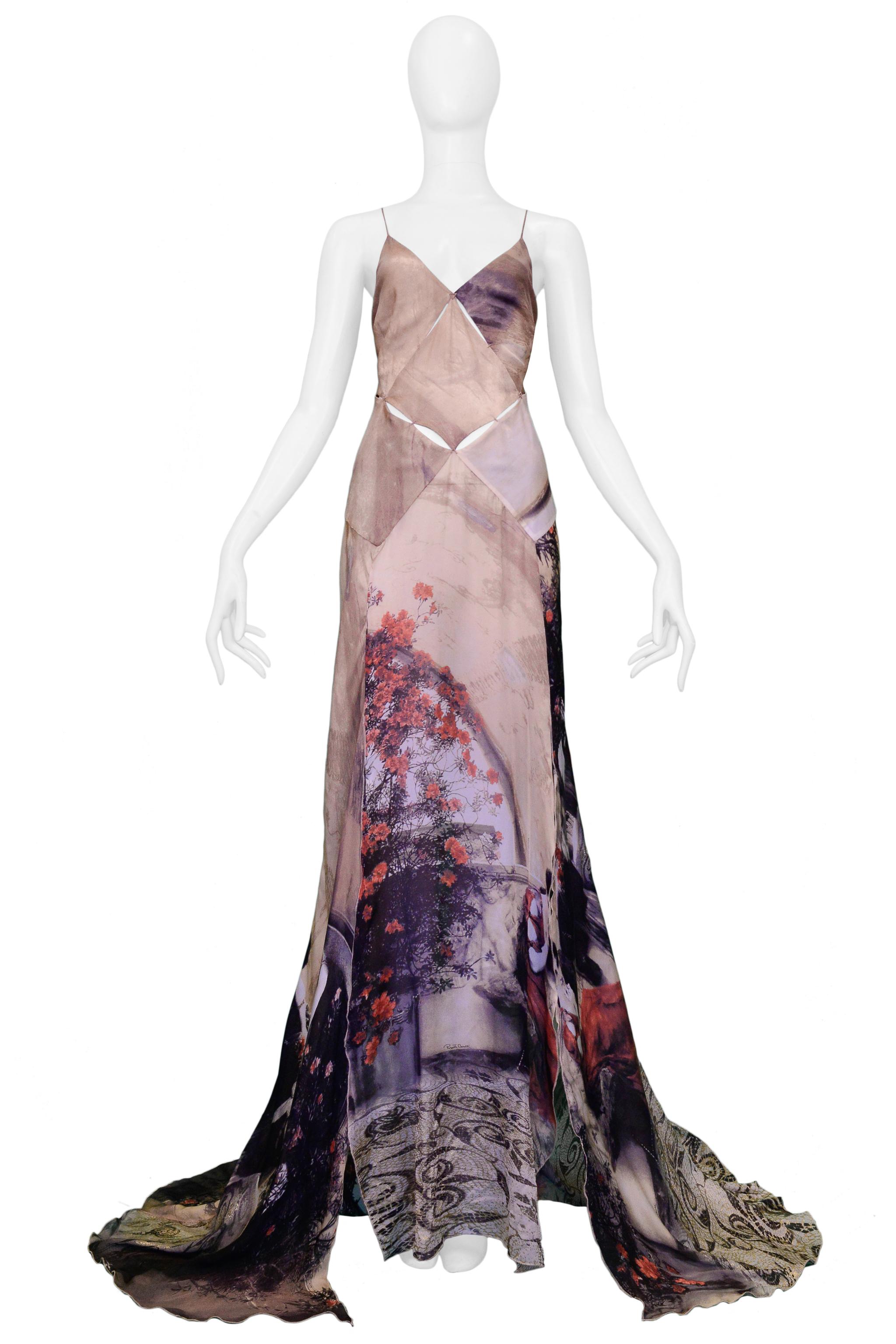 Resurrection Vintage is excited to present a vintage Roberto Cavalli multicolor silk evening gown featuring square cutouts, double slits, open back, floral print, and long side panels with a dramatic train. 

Roberto Cavalli
Size: