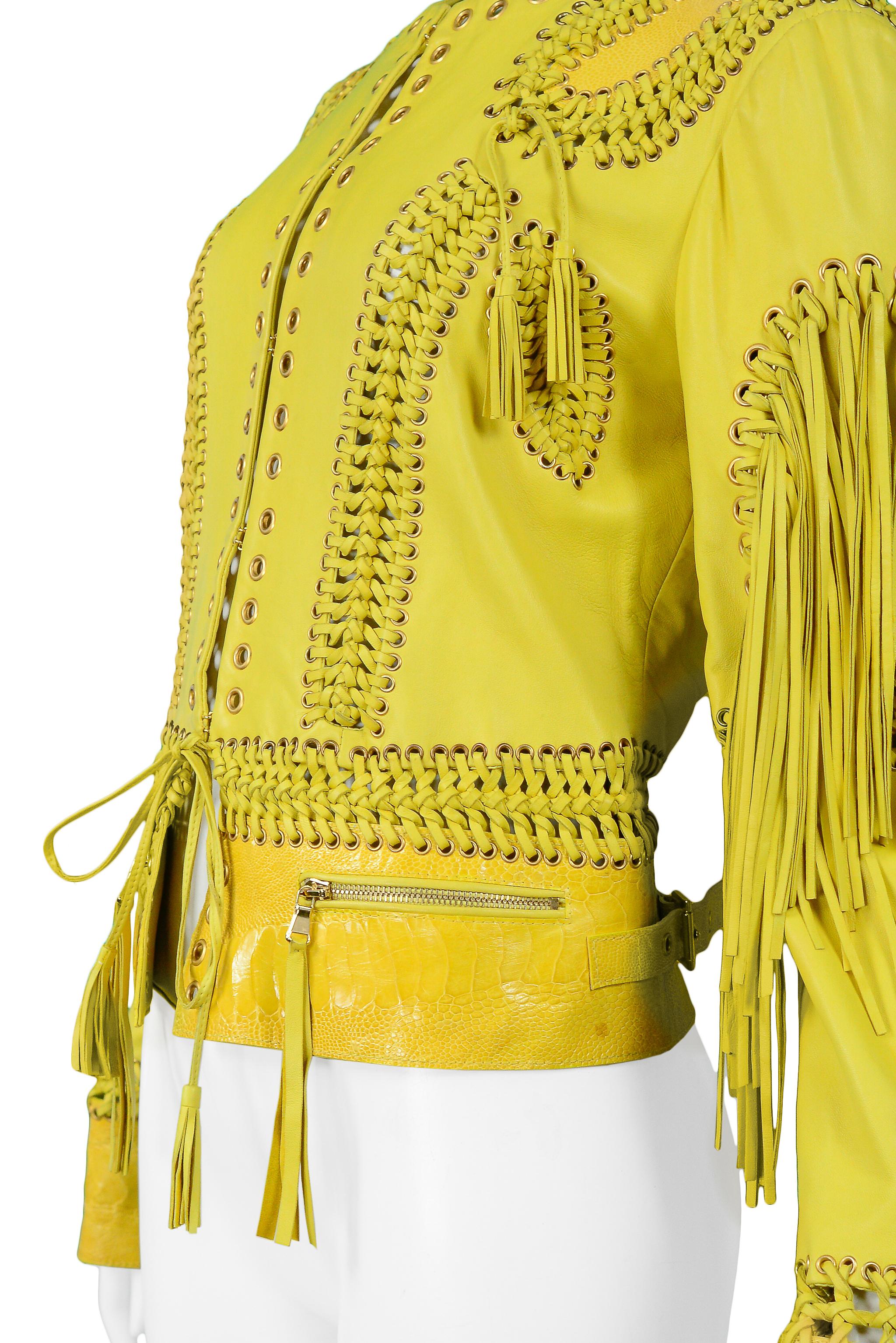 Vintage Roberto Cavalli Yellow Leather Fringe Jacket 2006 In Excellent Condition In Los Angeles, CA