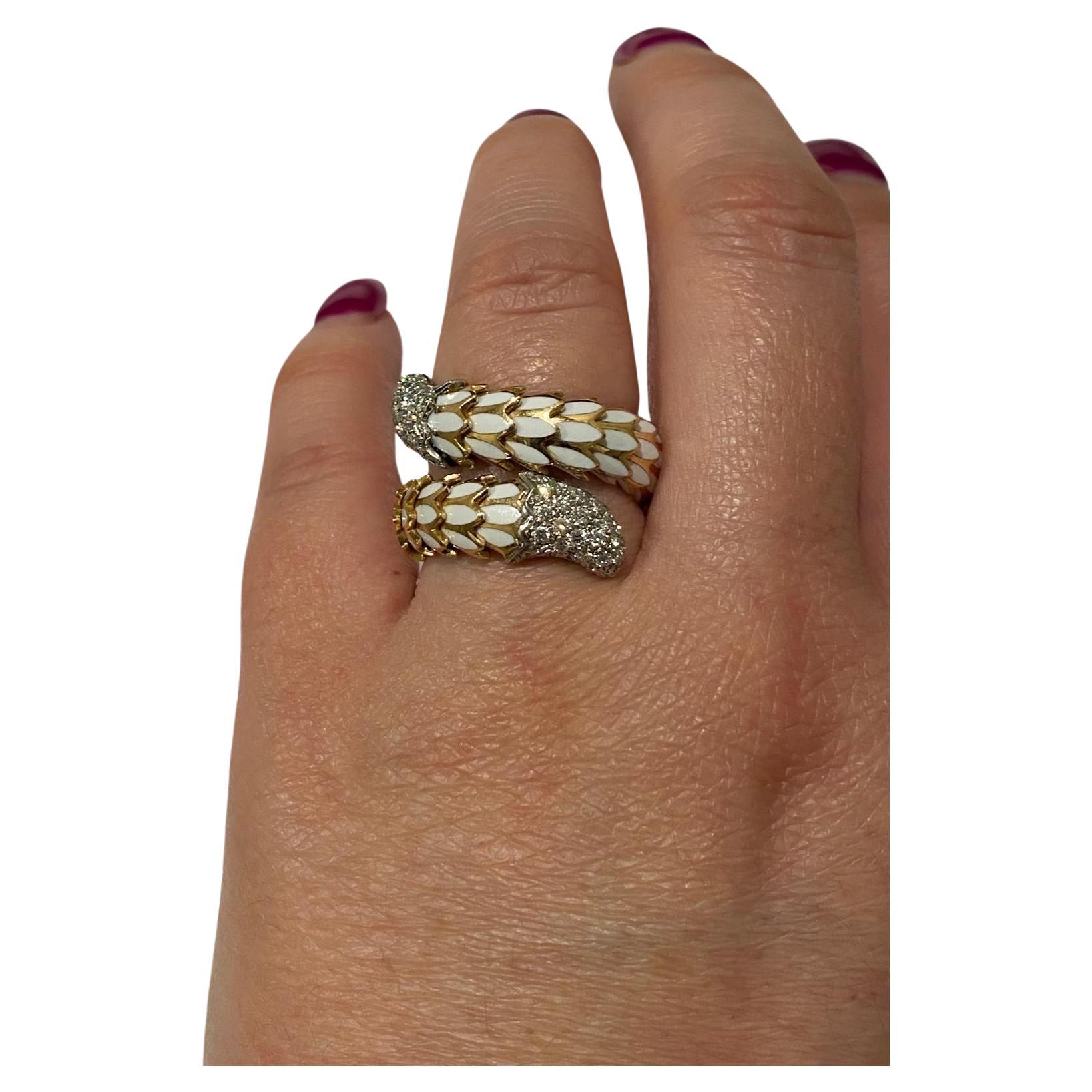 Striking Designer Robert Coin Diamond and White Enamel Snake Serpent Scale Ring. Hand crafted in 2-tone 18 Karat Rose and Whiter Gold with Diamond encrusted Head and Diamond. This piece has a wonderful, old-world charm. Head and Tail set with