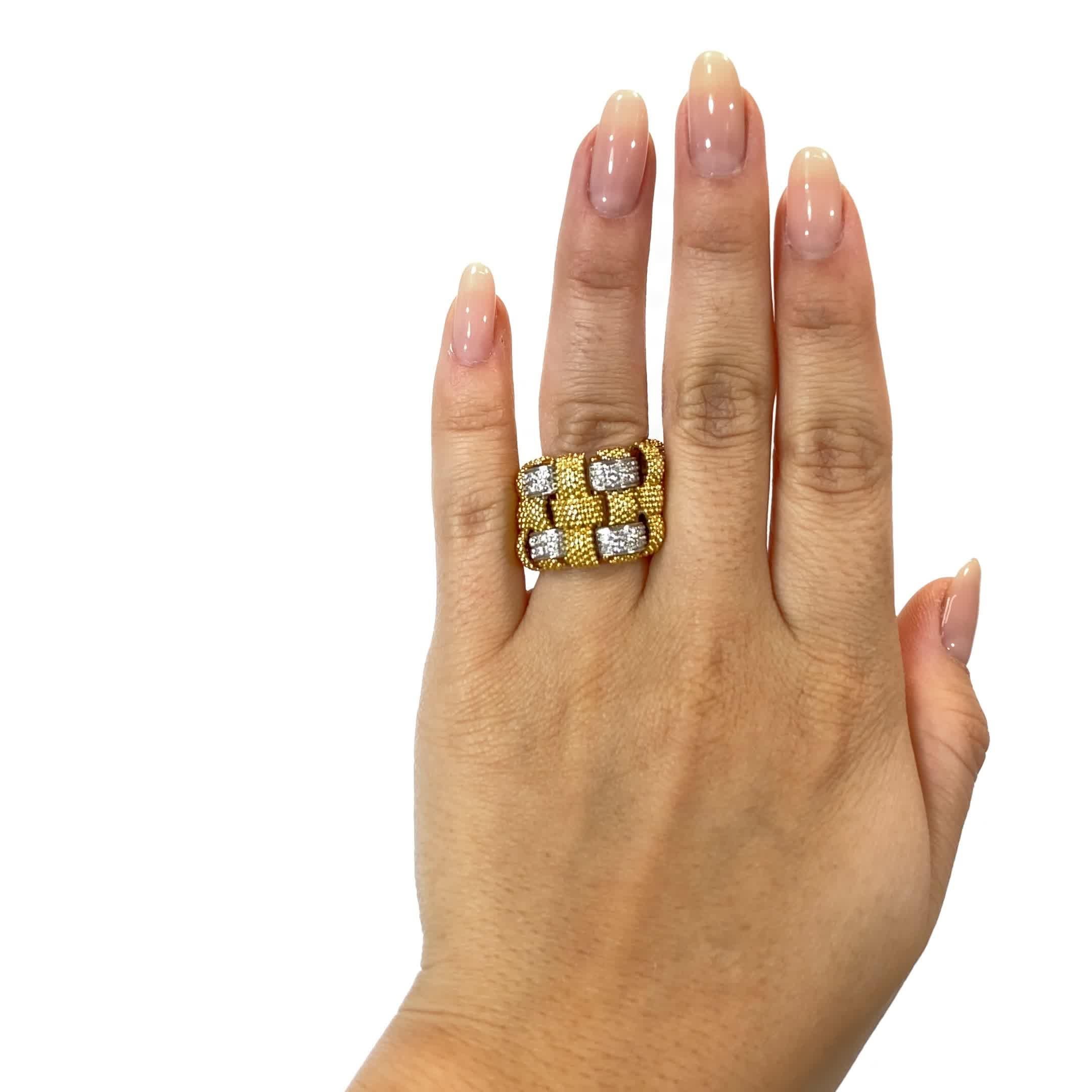 Vintage Roberto Coin Appassionata Diamond 18 Karat Gold Ring. The ring features 96 Round Brilliant Cut diamonds approximately 1.00 carat total, D-E color. Signed RC with Italian hallmarks. Circa 2000s. Size 7 and may be re-sized.

About The Piece: