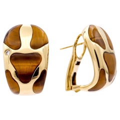 Retro Roberto Coin Giraffe 18K Yellow Gold Diamond Tiger Eye Clip Earrings