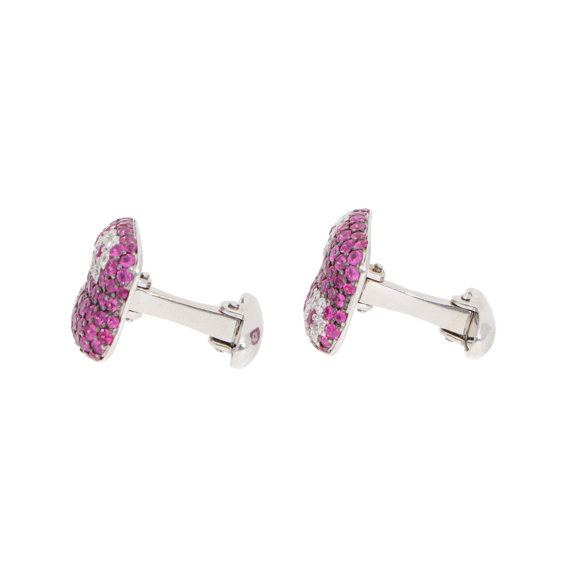 Gemelos vintage Roberto Coin de barra de zafiro rosa y diamantes en oro blanco Corte brillante en venta