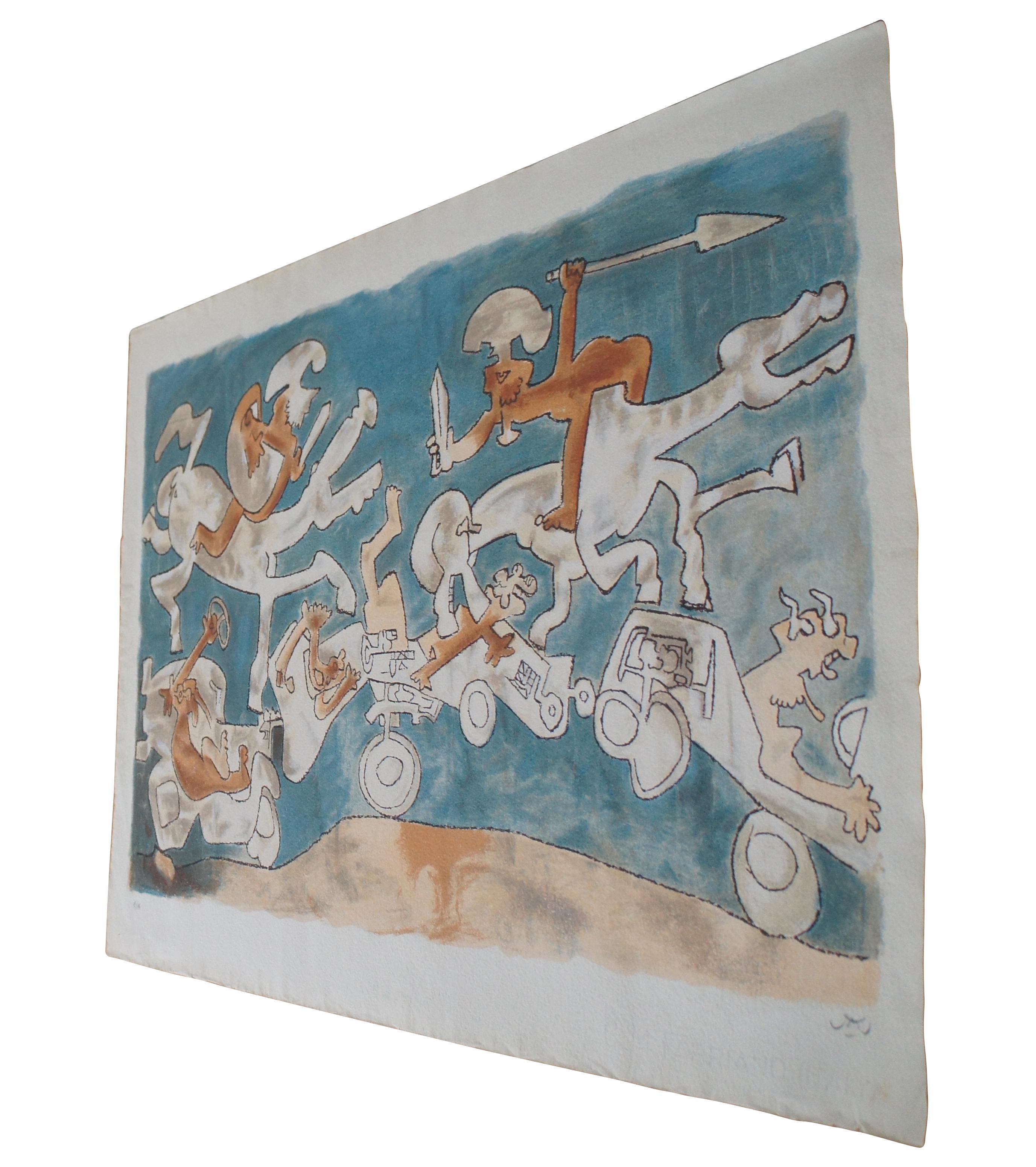 Mit Bleistift signierte Lithographie von Roberto Matta, die surrealistische Figuren in autoähnlichen Fahrzeugen unter griechisch-römischen Soldaten zu Pferd zeigt. Mit Bleistift signiert. Gedruckt auf handgeschöpftem Papier mit der Aufschrift CM